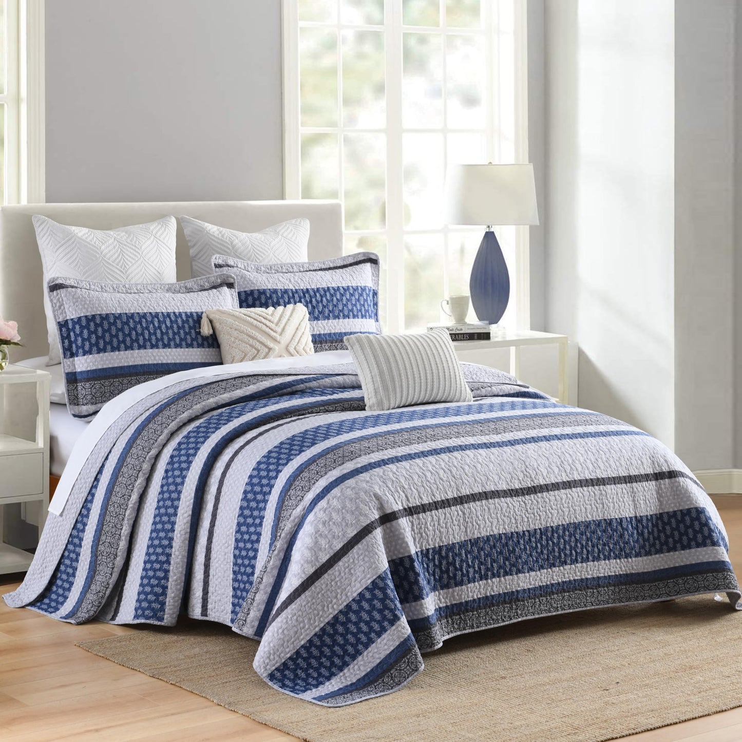 Homzard Quilt Bedding Set King Size,100% Cotton King Size Comforter Set,Gray Blue Quilts Bedspread for The Bed, Striped Farmhouse Lightweight Bedding (106 * 98 Inch) and 2 Pillow Shams All Season