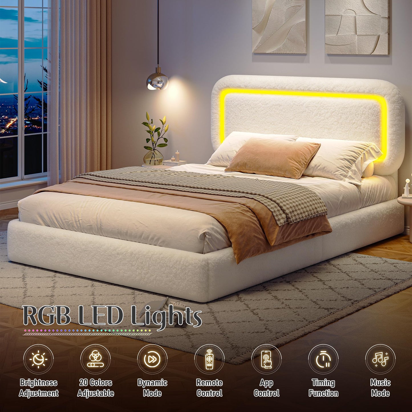 Homkdom Upholstered Full Size Bed Frame with Led Lights,Boucle Full Bed Frame,Soft Bed Frame Full with Headboard,Anti-Collision Round Corners,No Box Spring Needed,Modern,Cream White