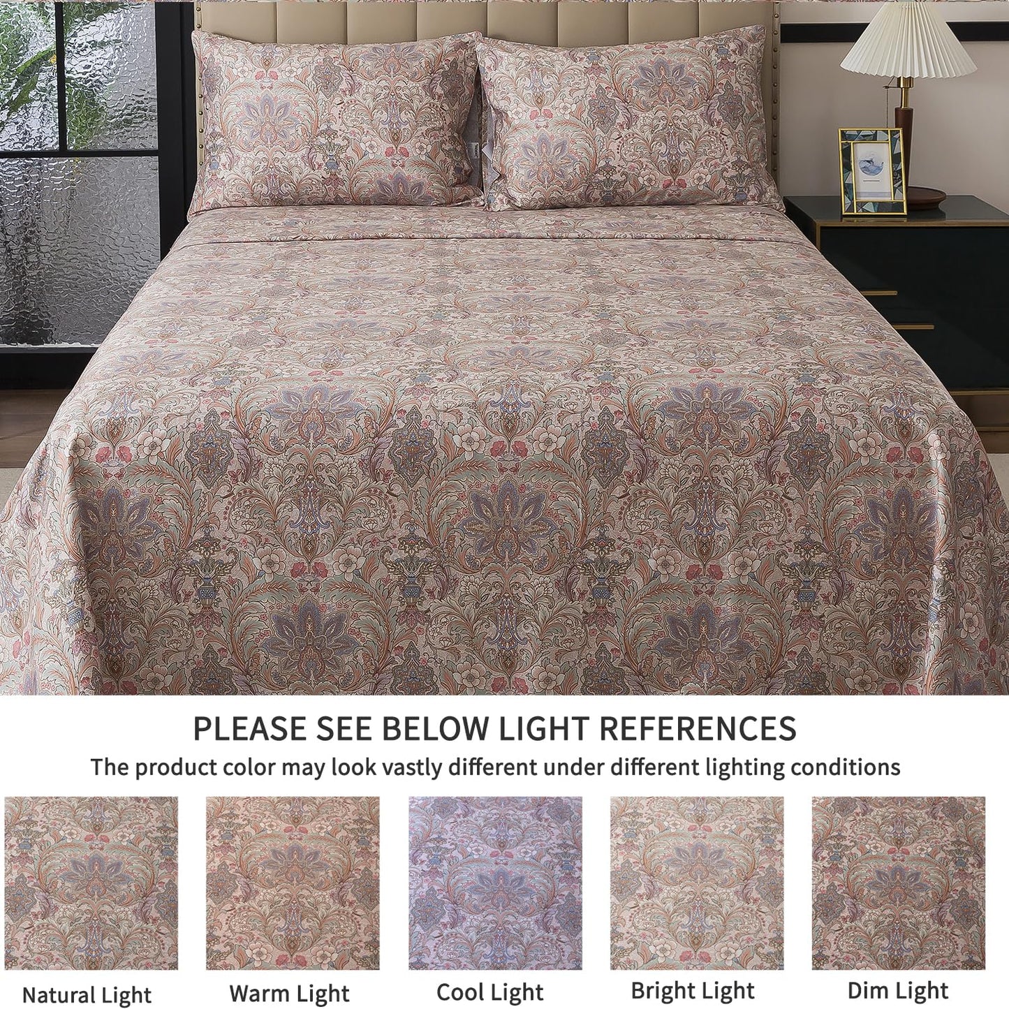 FADFAY Vintage Brown Paisley Queen Sheet Set, 4-Piece Long-Staple Cotton, Soft & Breathable, Deep Pocket Fitted Sheet for All Seasons