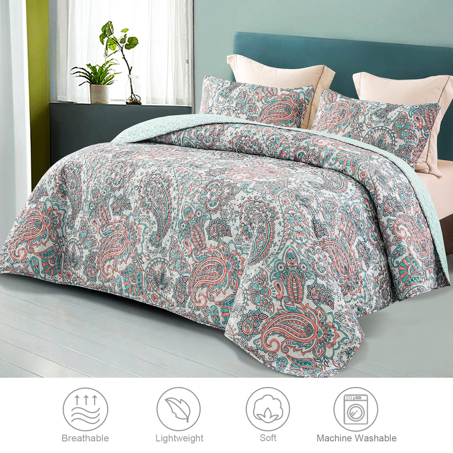Exclusivo Mezcla Reversible Boho Quilts Queen Size, Aqua Soft Bedspreads Lightweight Coverlet All Season Paisley Quilt Bedding Set with Printed Floral Pattern (1 Quilt, 2 Pillow Shams)