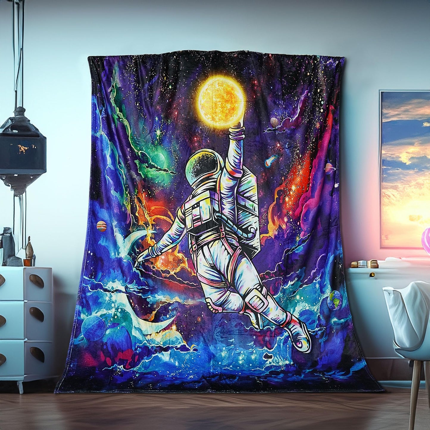 kampdream Fleece Throw Blanket, Galaxy Universe Planet Blankets for Men, Boys and Teens Starry Sky Nebula Stars Comforter Nap Throws for Couch Chair Bed Decor Comforter (Astronaut, 40.00" x 50.00")