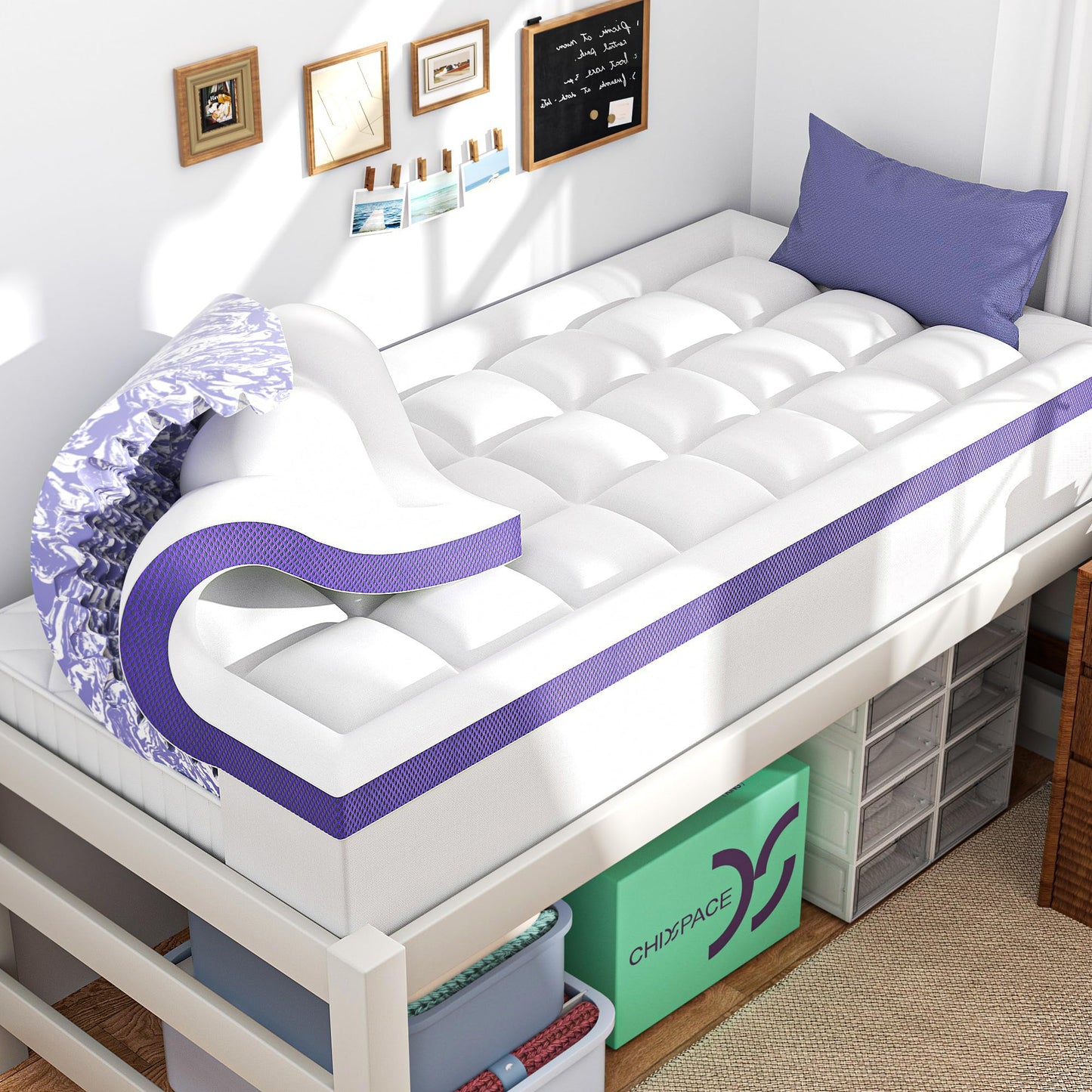 ChiXpace Dorm Room Essentials Dual Layer 4 Inch Memory Foam Mattress Topper Twin XL Back to School - 2 Inch Gel Memory Foam and 2 Inch Pillow Top Mattress Pad, 7-Zone Egg Crate 2-in-1 Design (White)