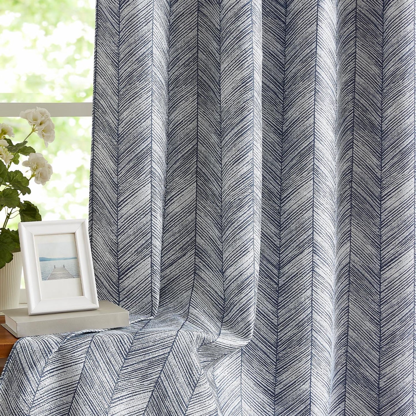 jinchan Blue Printed Curtains 84 Inch Length for Living Room Grommet Jacquard Curtains with Herringbone Pattern Modern Room Darkening Drapes Bedroom Window Curtain Set 2 Panels
