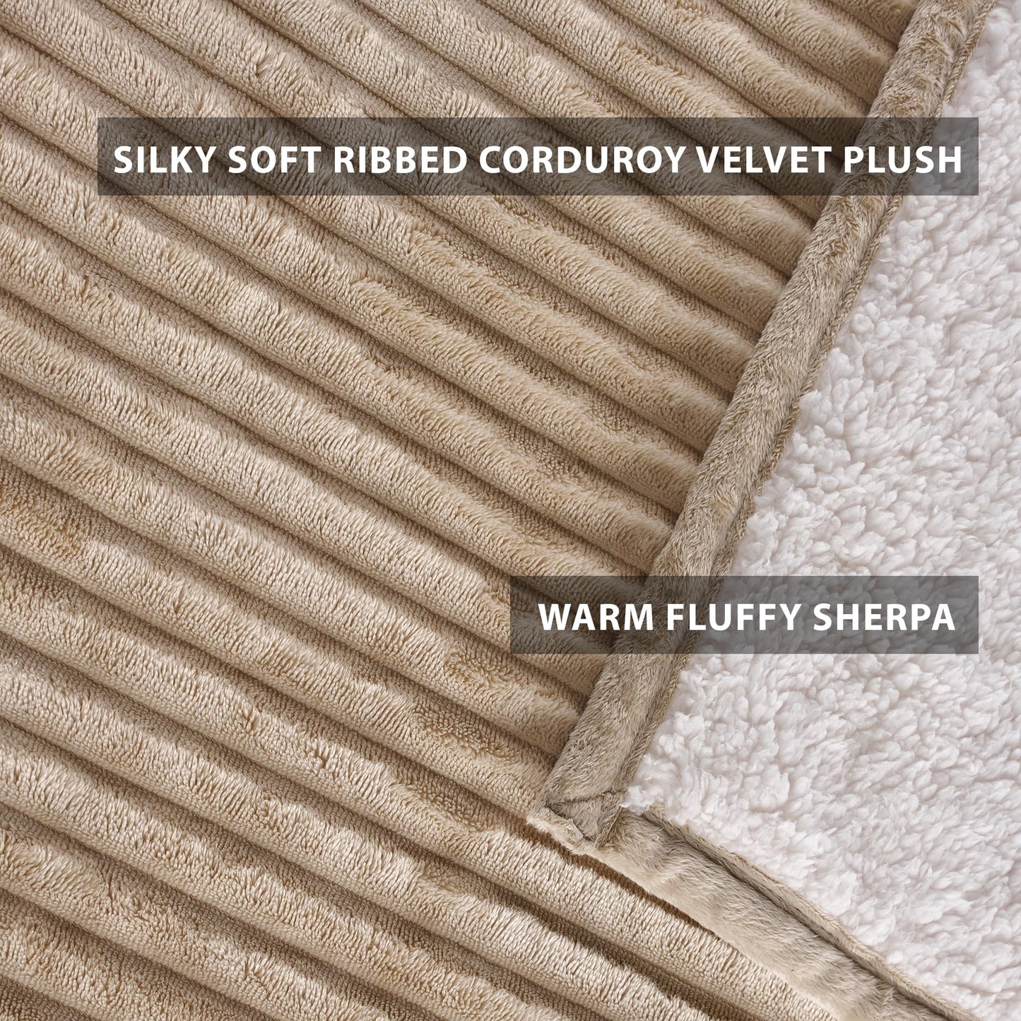 CBCHome Corduroy Velvet Plush Ribbed Throw Blanket with Ultra-Soft Sherpa Reverse - Cozy Reversible Sofa & Bed Throw - All Season Décor (Beige, 50" x 60")