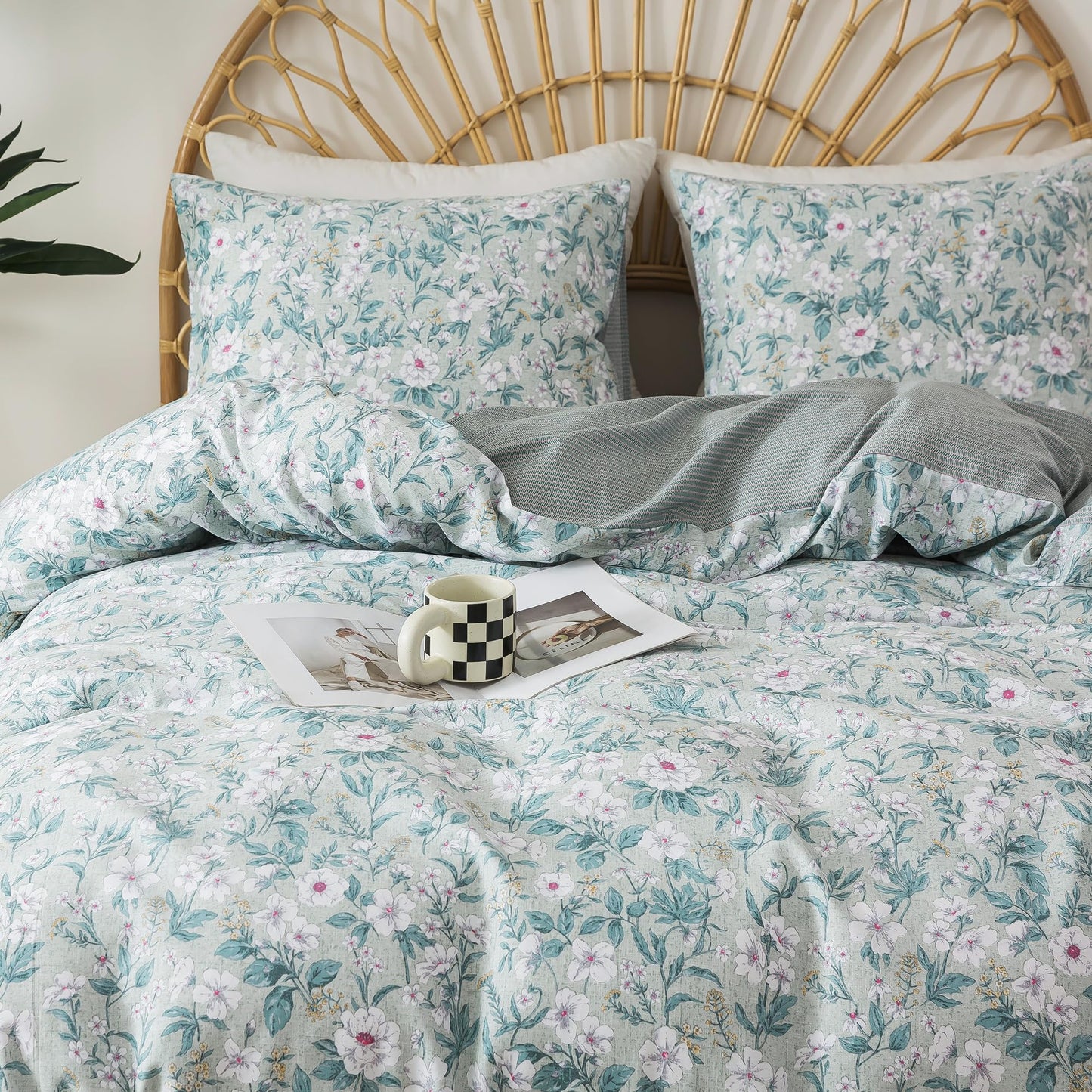 HoneiLife Botanical Duvet Cover King - 100% Cotton Comforter Cover 3-PC, Floral Bedlinen Set with Zipper Closure & Corner Ties, Wildflower Comforter Cover Sets, Greenery