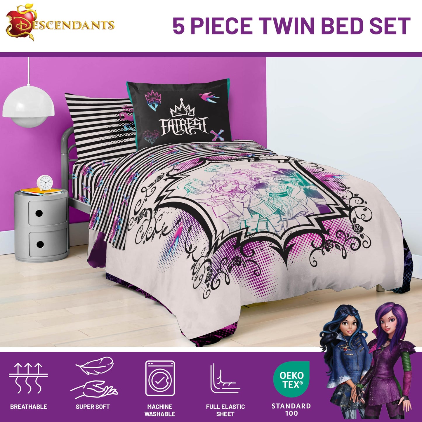 Jay Franco Kids Comforter Set Includes Sheets and Pillow Cover - Soft and Cozy Bed Set for Stylish Room Décor, Multi - Descendants, 5 Piece Twin