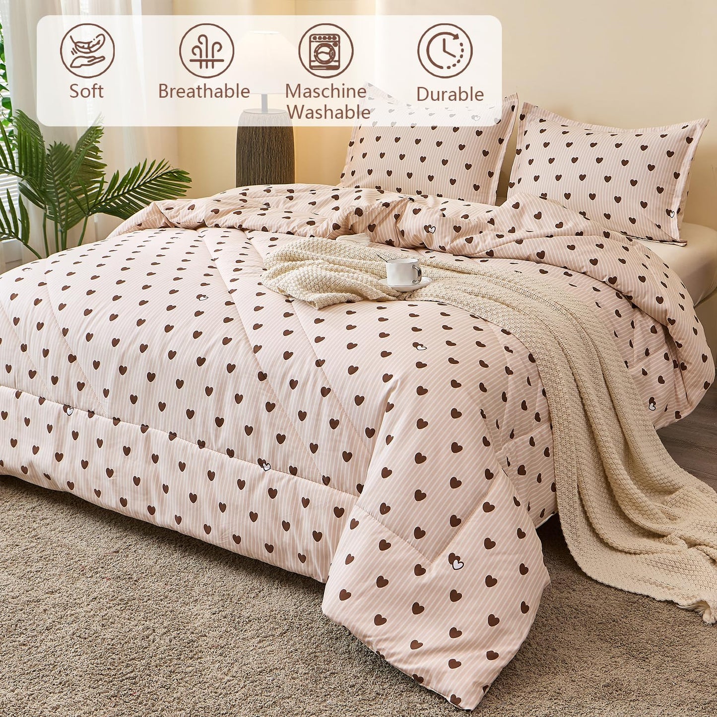Caressma Comforter Girls Brown Heart Striped Pattern Bedding Cute Soft King Comforter Set 3 Pieces with Pillowshams for All Seasons
