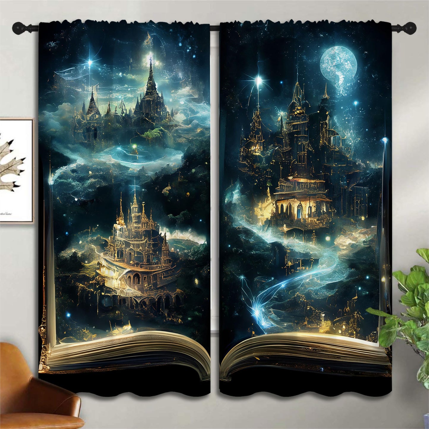 LHROOMJK Magic Book Blackout Curtains for Boys Girl Bedroom Decor,Psychedelic Castle Medieval Building Thermal Insulated Rod Pocket Drapes Darkening Window Curtain for Living Room Home 55x63 inch