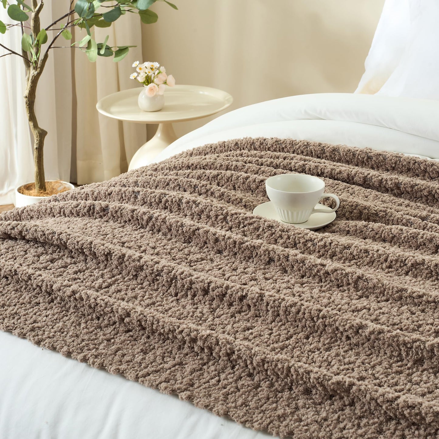 LONG CREATE Throw Blanket for Couch, Taupe Tan Luxury Knitted Throws 50"x60", Textured Blankets with Handmade Fringe Tassels for Bed Sofa Decorative, Chunky Soft Farmhouse Boho Home Decor
