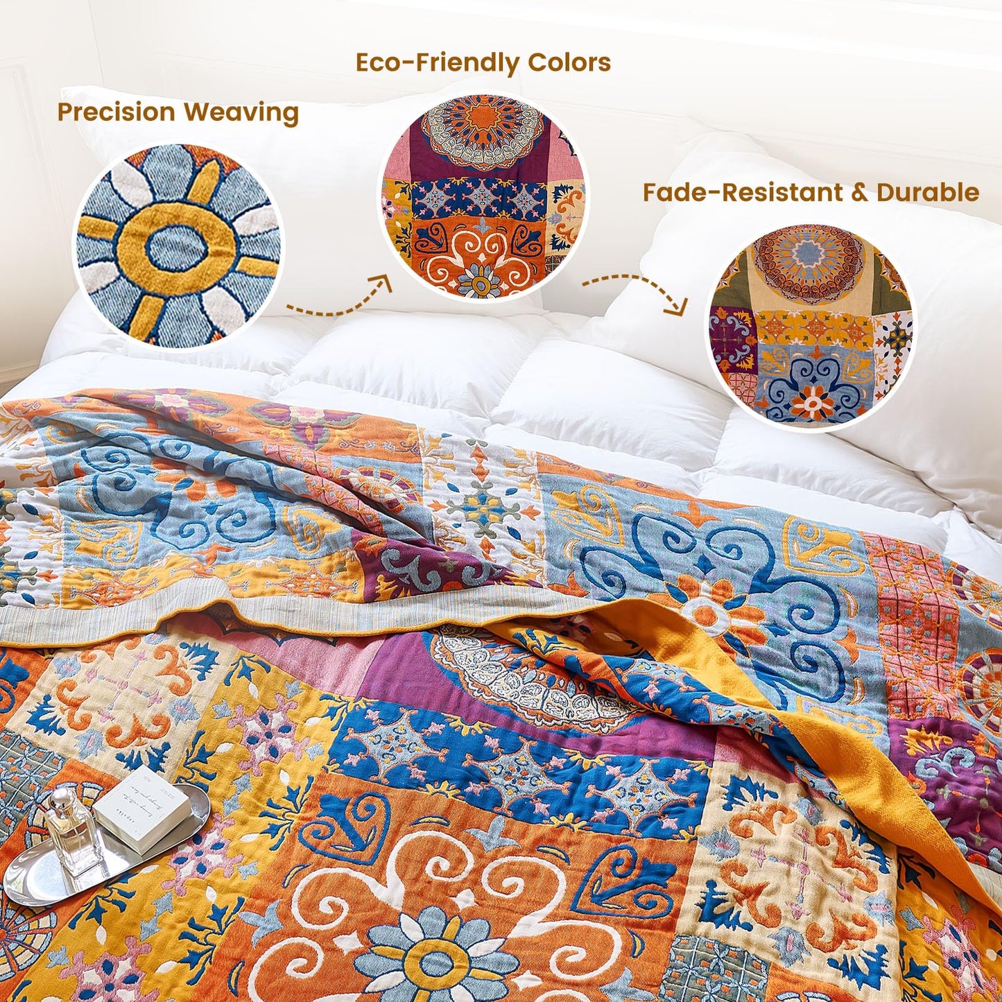 MSGKV Boho Throw Blanket for Bed 60"x80" 100% Cotton Couch Blanket Summer Breathable Lightweight Twin Size Blankets Home Decor Muslin All Seasons