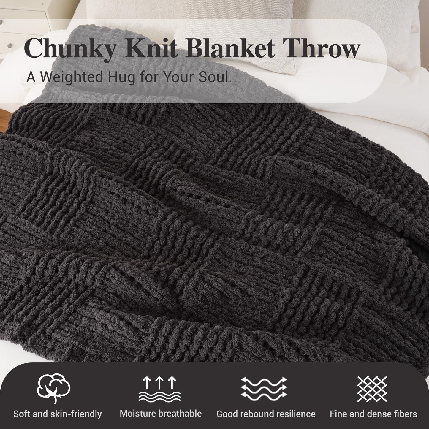 Bunnikins & Clover Dark Grey Throw Blanket for Couch, Chunky Knit Blanket Throw for Sofa & Home Decor, Soft and Cozy Charcoal Throw Blankets, 50"x60"