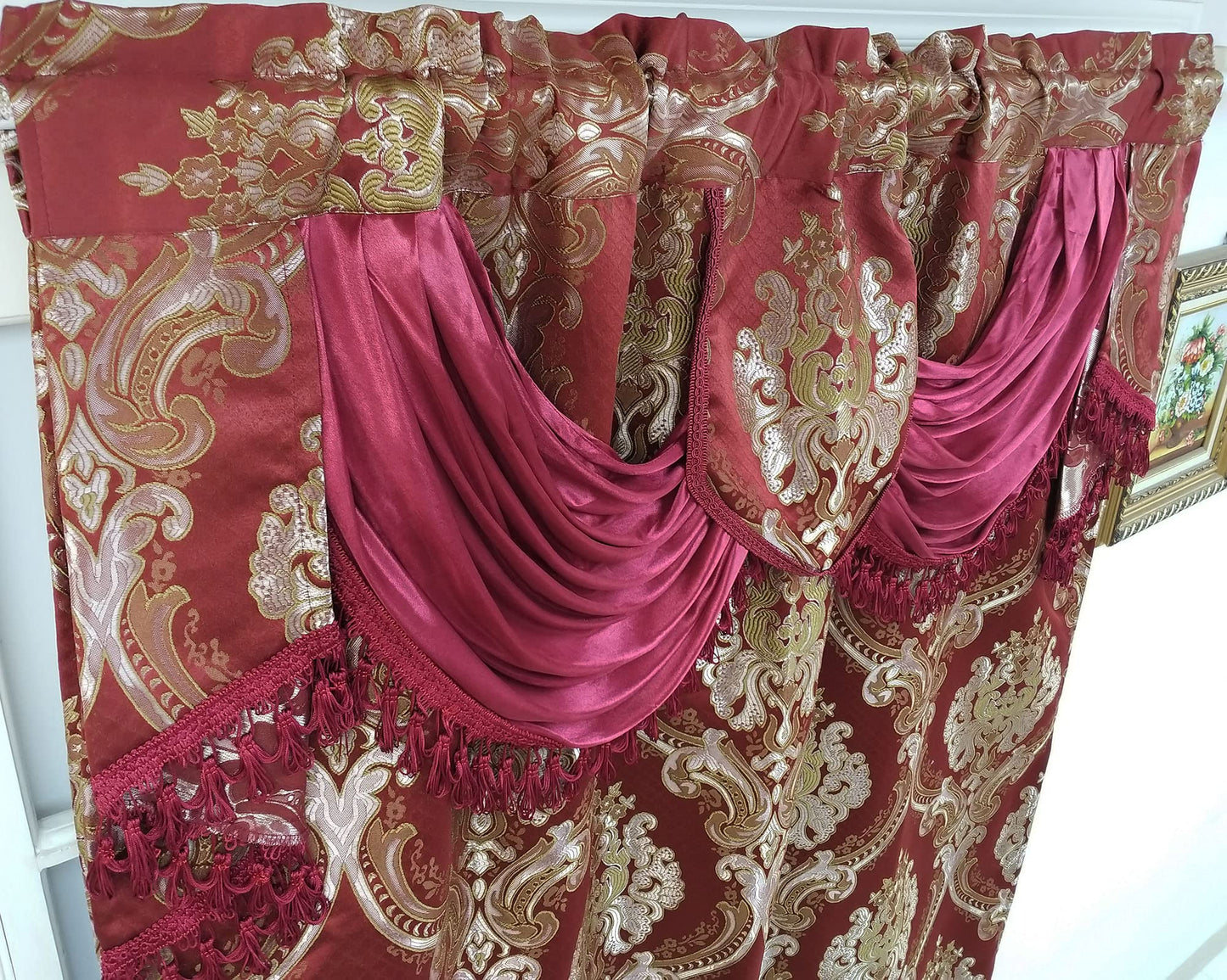 GOHD Luxe Love. Jacquard Window Curtain Panel Drape with Attached Fancy Valance. 2pcs Set. (Wine, 54" Wide x 84" Drop with 18" Valance x 2pcs)