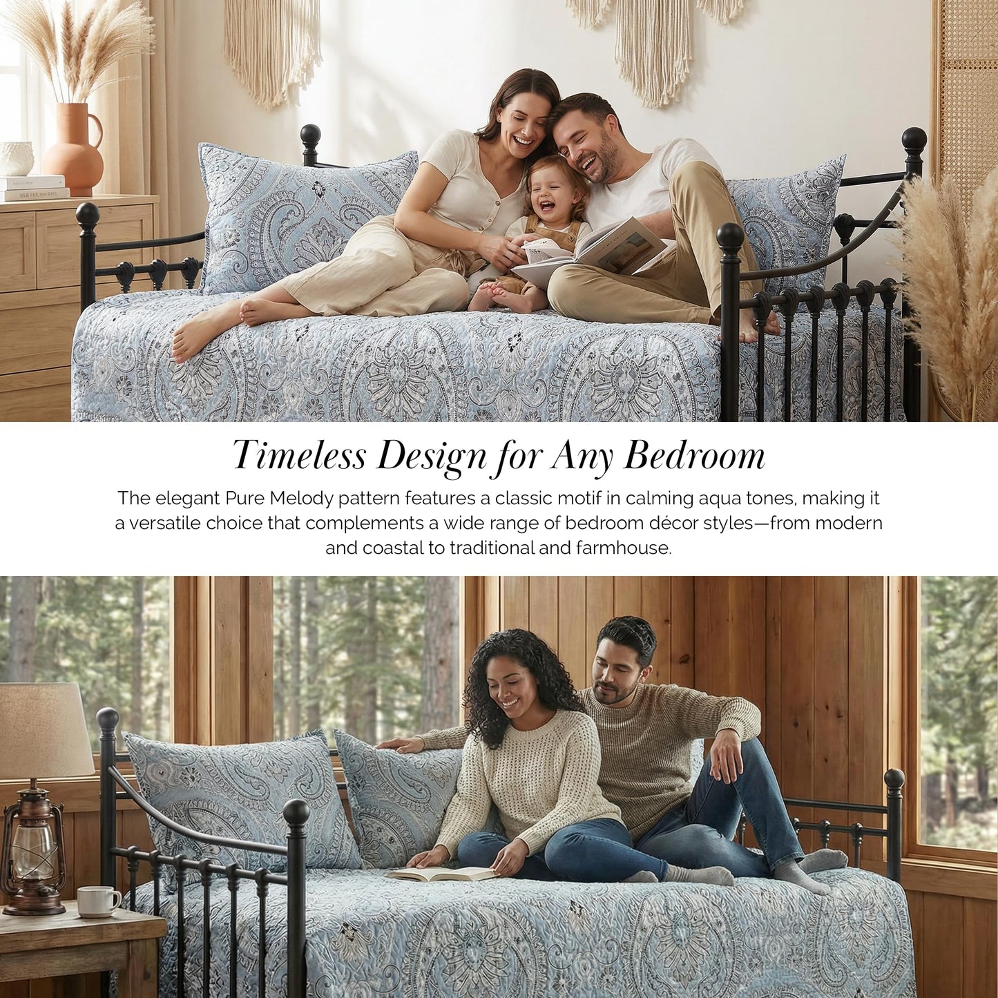 Southshore Fine Living, Inc. Twin Daybed Covers, Boho Bedding Set, Boho Daybed Cover Set, 3 Pillow Shams, 1 Bedskirt, 1 Throw Pillow - Twin Day Bed Covers, Day Bed Bedding Sets, Pure Melody Aqua