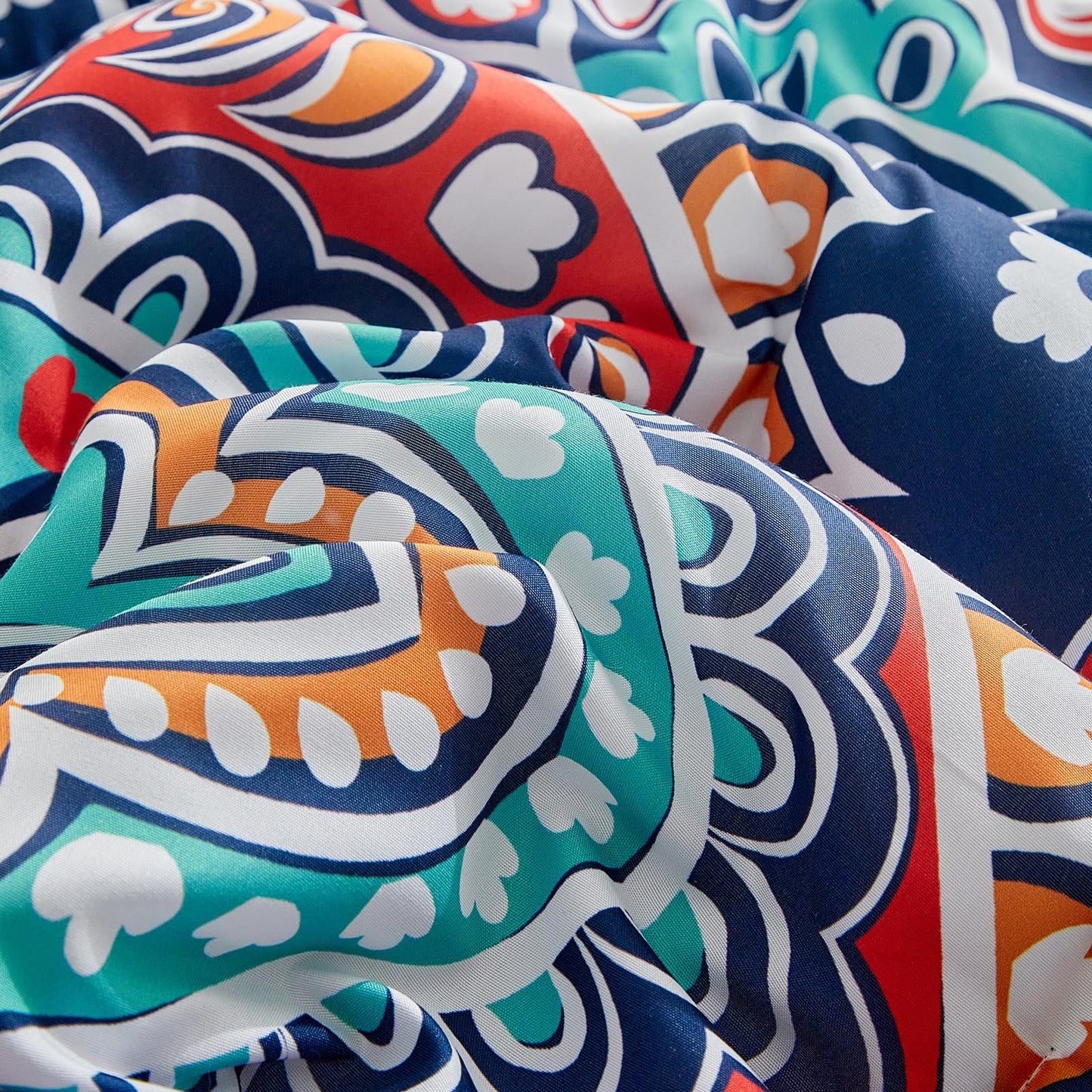 Boho Comforter Sheet Set Bohemian Bed in a Bag Queen Size Bedding Set, Navy Blue Orange Paisley Microfiber 7pc Bedding Set (1 Comforter 2 Pillow Shams 1 Pink Flat Sheet 1 Fitted Sheet 2 Pillowcases)