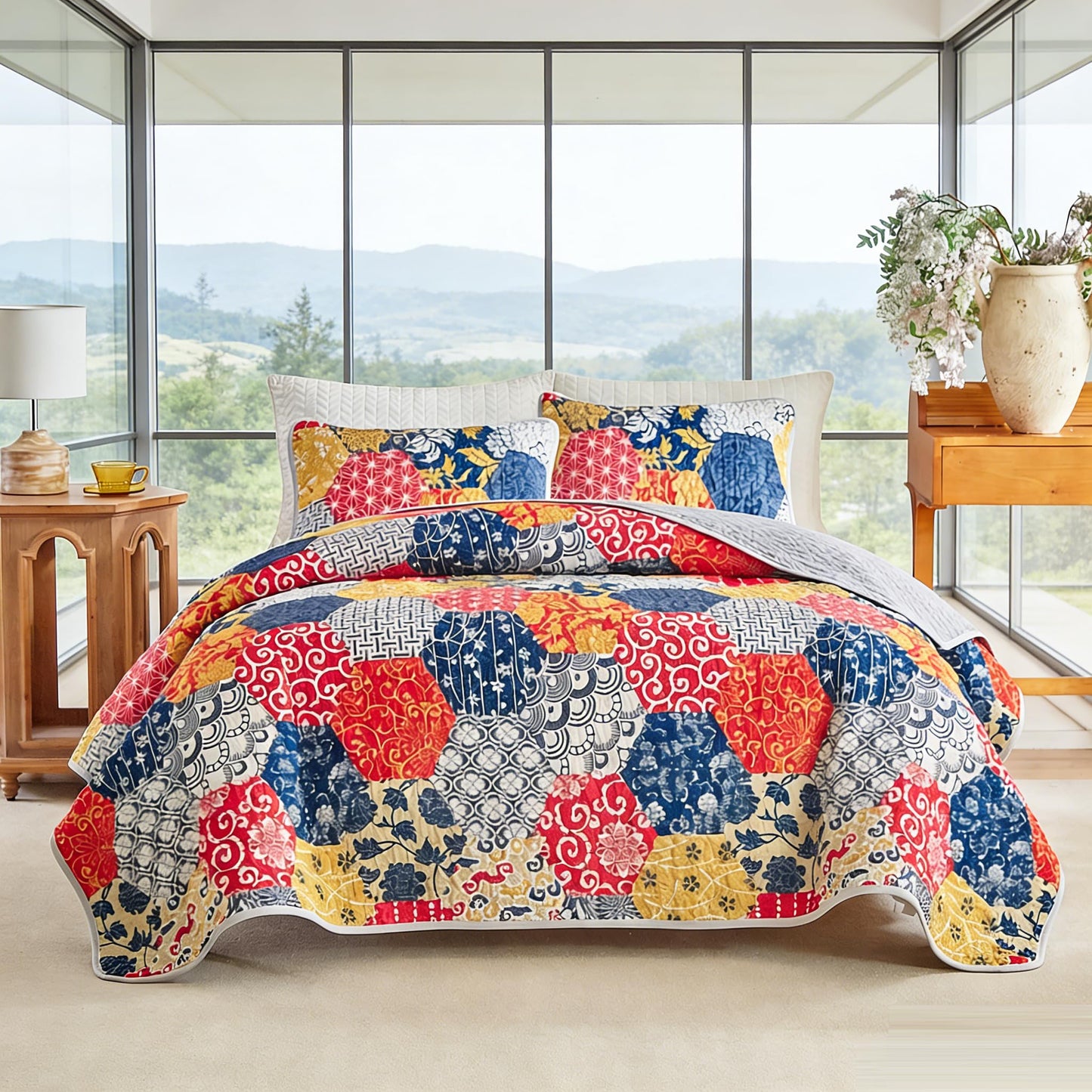 Andreannie Boho Quilt Set King Size, Reversible Floral Geometric Honeycomb Pattern Bedspread, Soft Lightweight Microfiber Bedding Coverlet, All Season Bohemian Quilt with 2 Pillow Shams, 3 Pieces