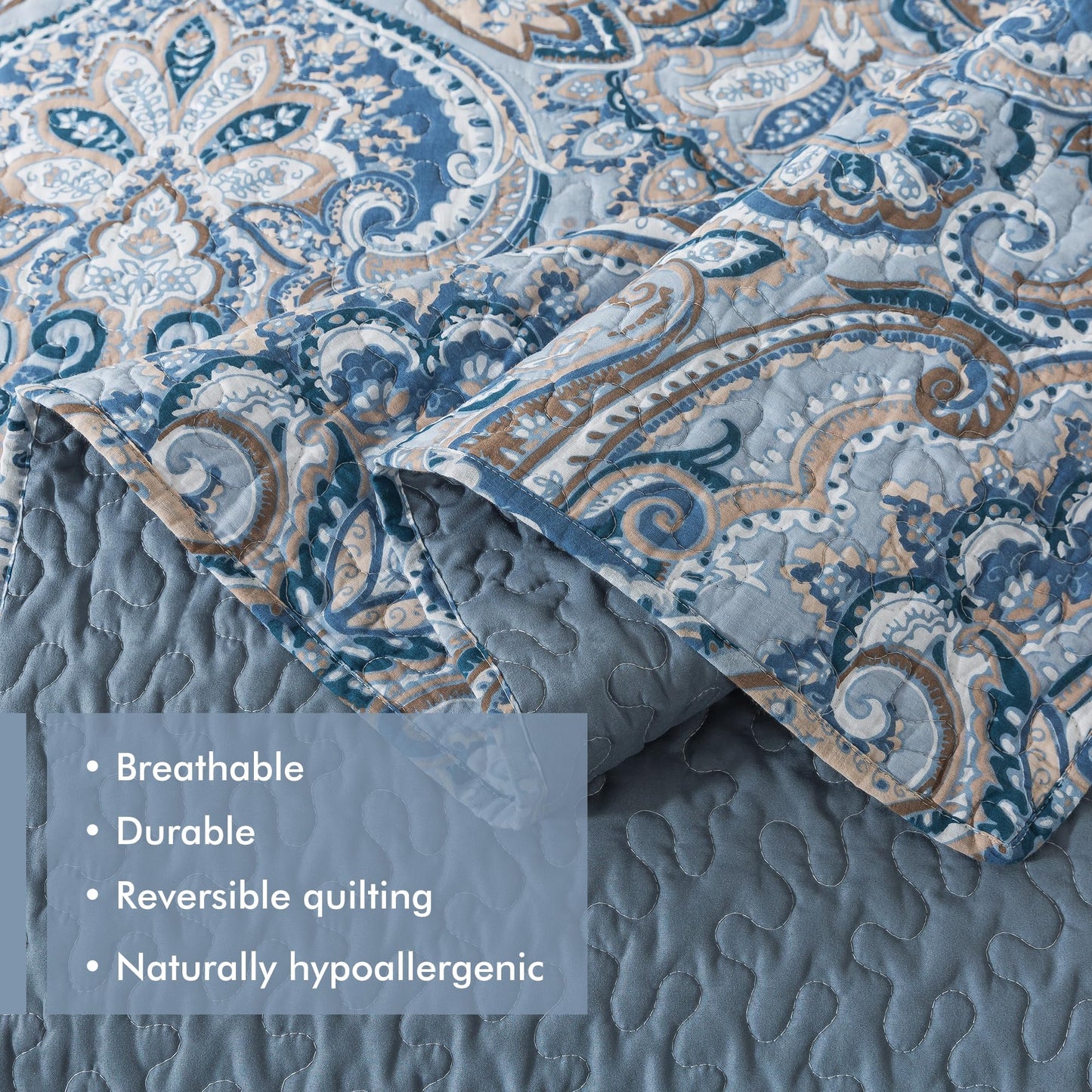 Etwel Lightweight Cotton Queen Size Quilt Set - Breathable Reversible Bedspread for Hot Sleepers, Farmhouse Floral Bedding Set with 2 Pillow Shams for All Season (90"x98", Crown Blue-Gray)