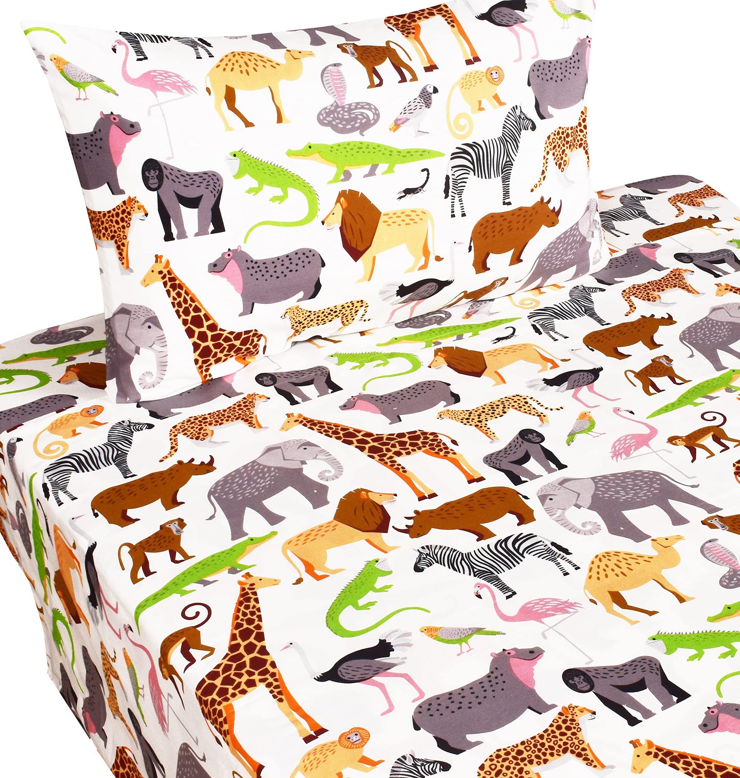 J-pinno Jungle Animals Leopard Ostrich Crocodile Snake Twin Sheet Set Kids Boys Bedroom Decoration Gift, 100% Cotton, Flat Sheet + Fitted Sheet + Pillowcase Bedding Set (15, Twin)