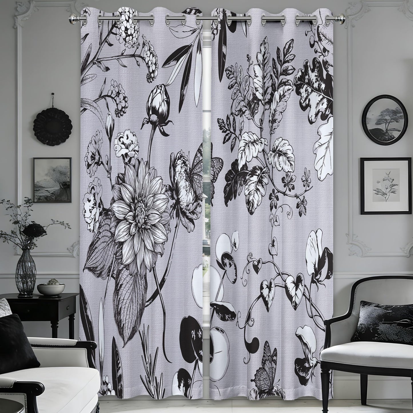 soeeao Light Grey Vintage Botanical Blackout Curtains Patterned Grey and White Floral Window Drapes for Bedroom Living Room, 84 inch Length 2 Panels Set, 52x84 inch