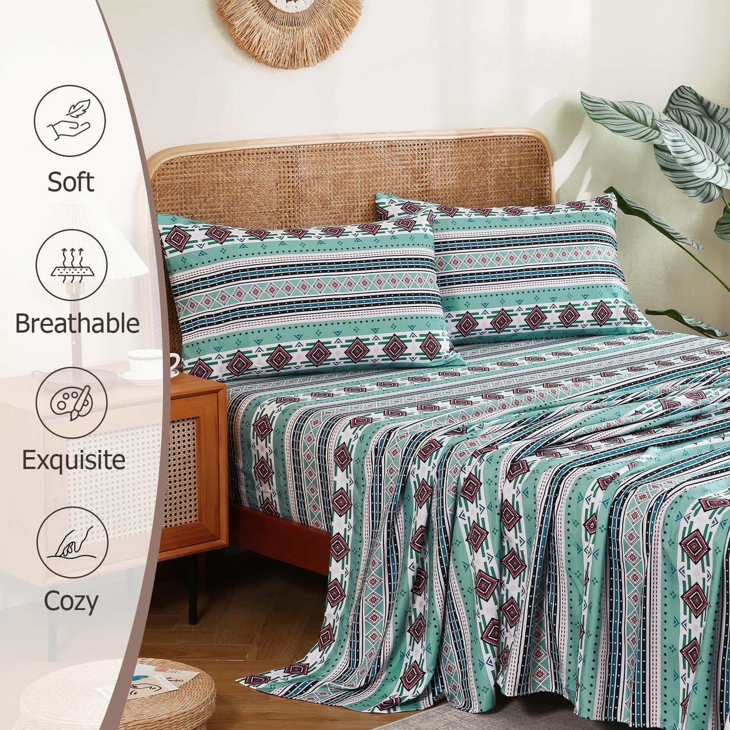 CozySmile 4 Pieces Queen Sheet Set Bohemian, Boho Sheets Soft Microfiber Deep Pocket, Western Sheets Geometric(Queen, Mint Coral Striped)