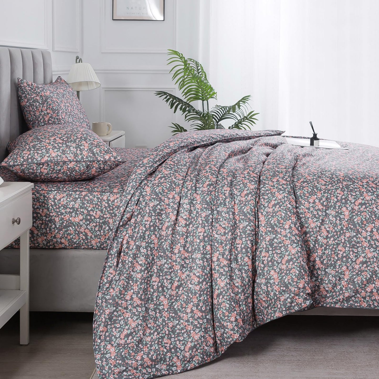 Puralens Dark Grey Vintage Floral Duvet Cover, King 100% Cotton Percale Pink Flower Comforter Cover Set, Shabby Chic Reversible Toile Bed Cover Set with Ties, Luxury Farmhouse Zipper Bedding, 3Pcs