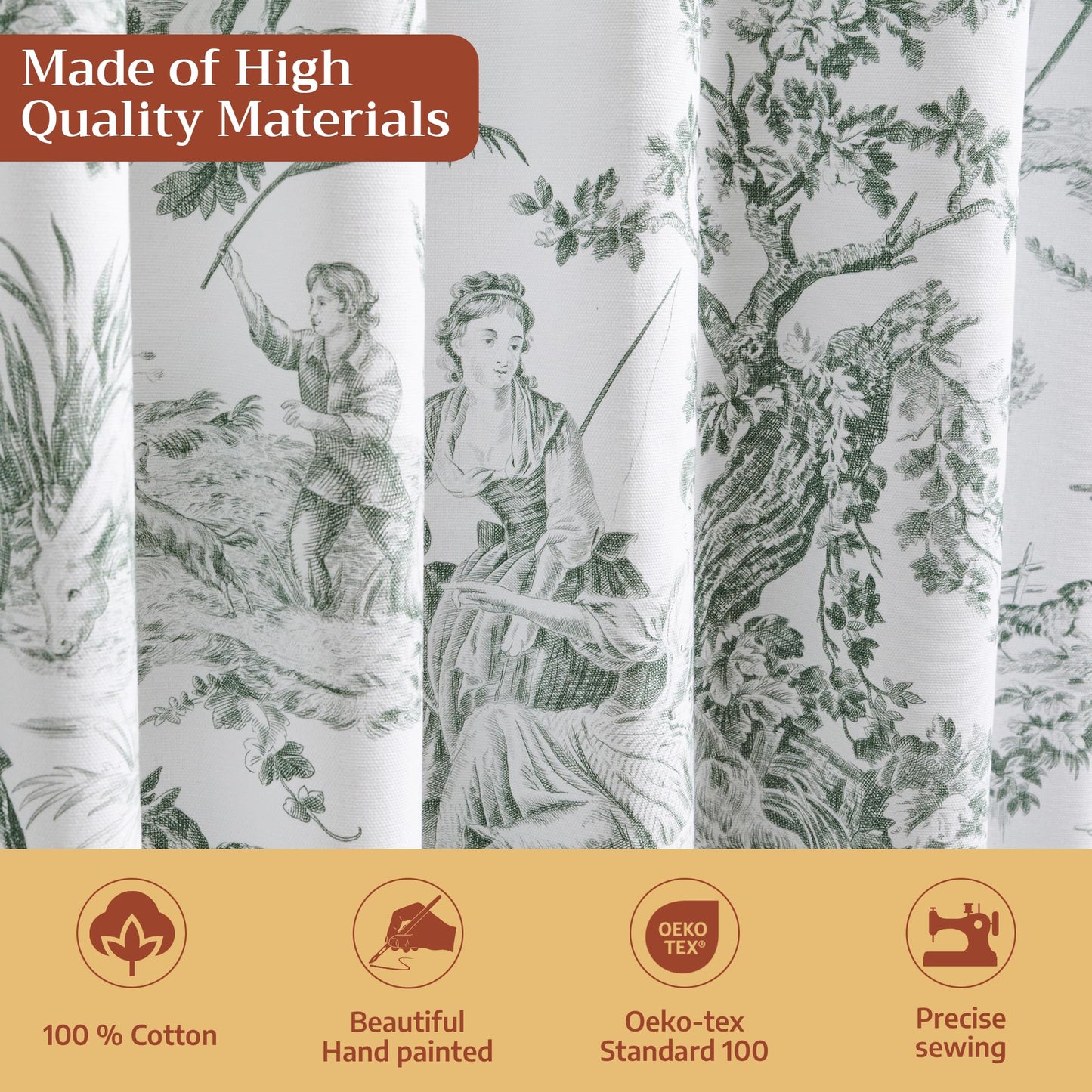 Maison d' Hermine Curtains for Living Room 100% Cotton 96 inch Length One Panel Light Filtering Toile Curtains with Rod and Loop Pockets (The Miller Antique Green (White Background), 50" W x 96" L)