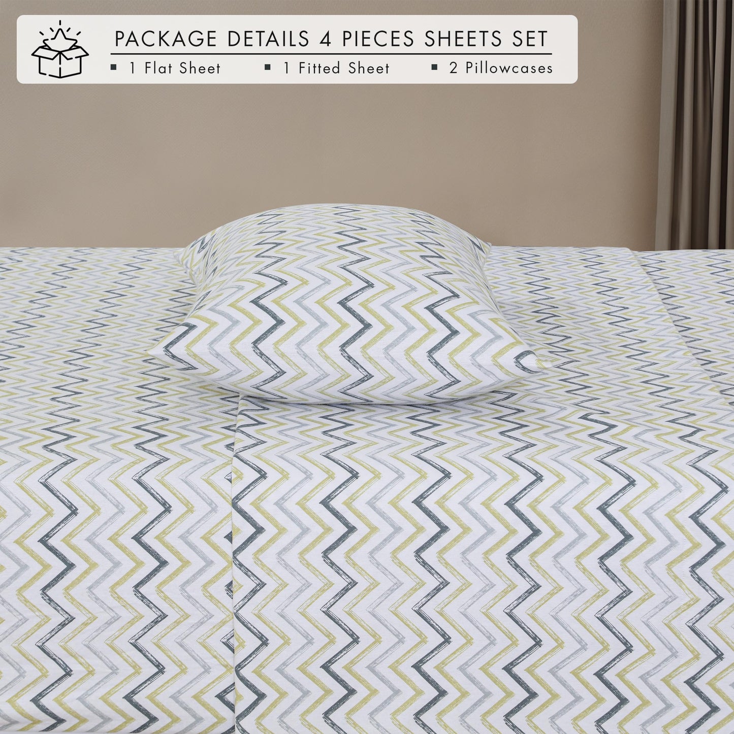 ZOYER Flannel Sheets Queen Size - 100% Cotton Double Brushed Bed Sheets, Deep Pockets 16 Inches Queen Sheet Set, All Seasons Breathable & Extra Soft - Warm & Cozy, 4 Piece, Zig & Zag