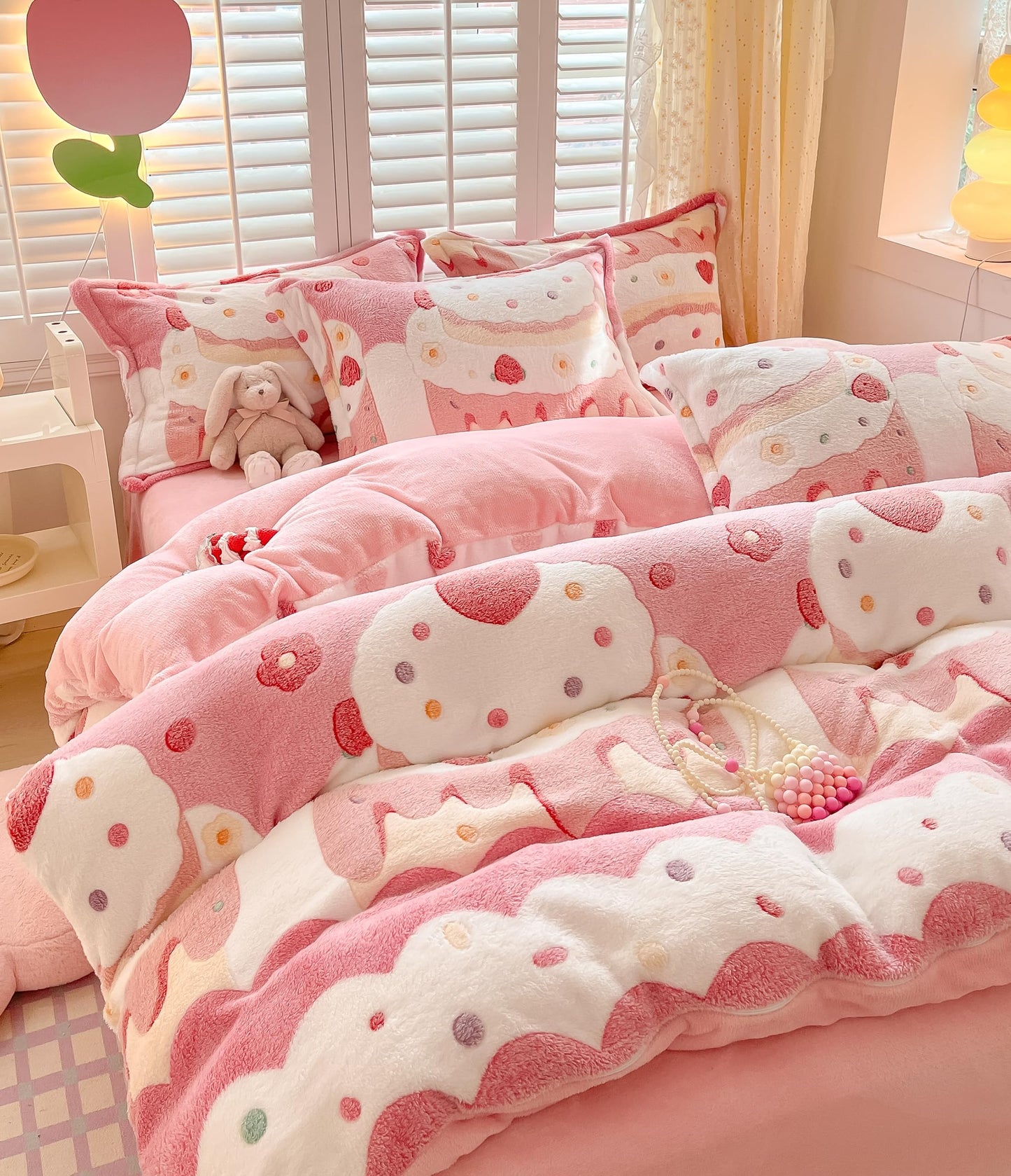 MorroMorn Twin Bedding Sets, Pink Duvet Cover Set, Kawaii Cream Cake Fluffy Comforter Covers Blanket Ultra Soft for Girls Kids Toddler Teen Women Twin/Twin XL Size