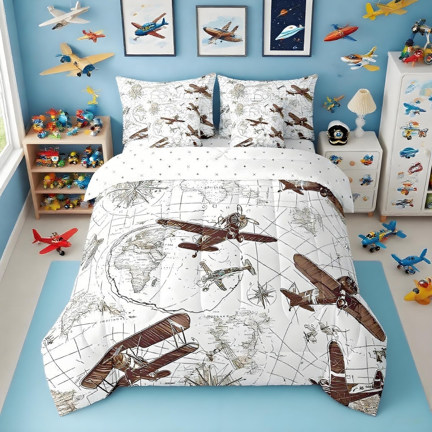 Feelyou 3D Aircraft Comforter Set 7 Pieces Airplane Print Bed in a Bag Aircraft Flying Flight Map Air Route Bedding Set Queen Size Bedroom Decor Brown Bed Set with Comforter, Sheet Set, Pillowcases