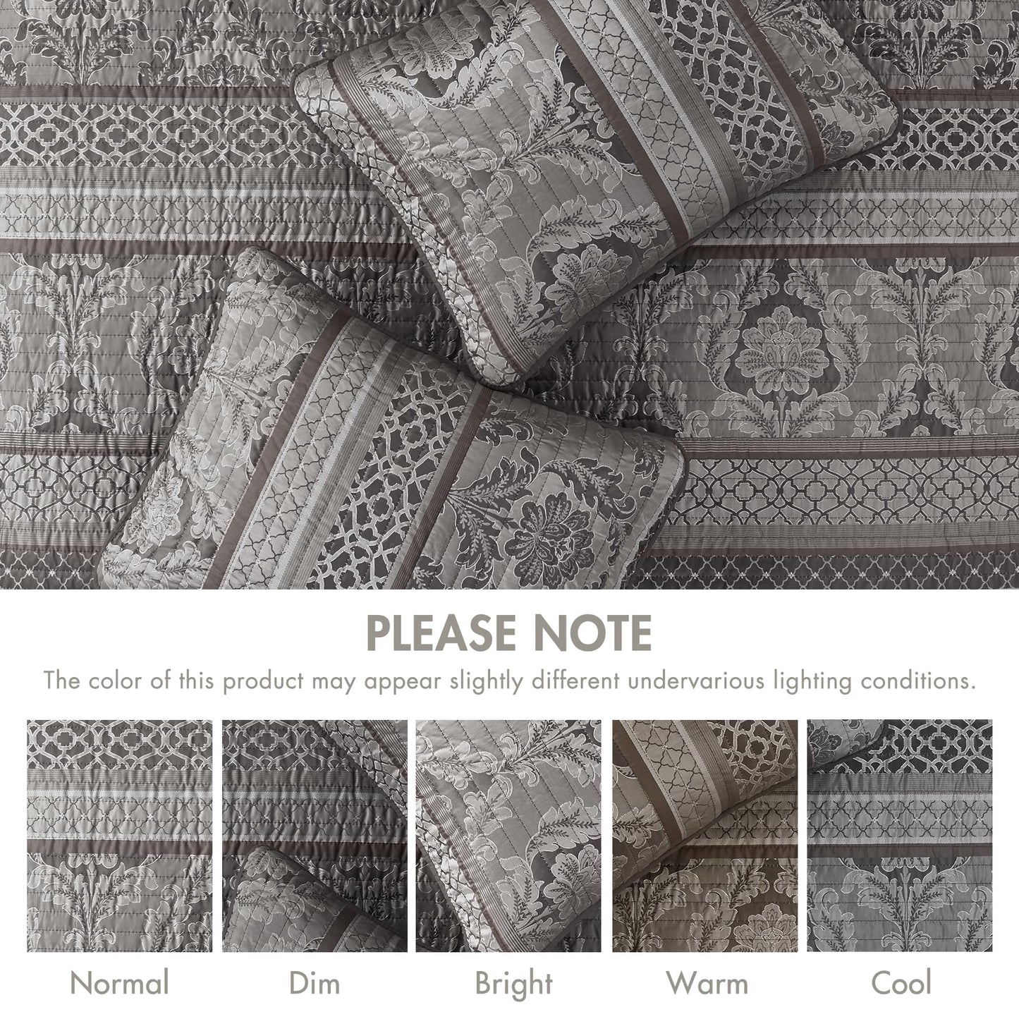 Madison Park Traditional Damask Design All Season, Lightweight Coverlet Bedspread Bedding Set, Matching Shams, Pillows, (120"x118"), Bellagio, Jacquard Grey, 5 Piece