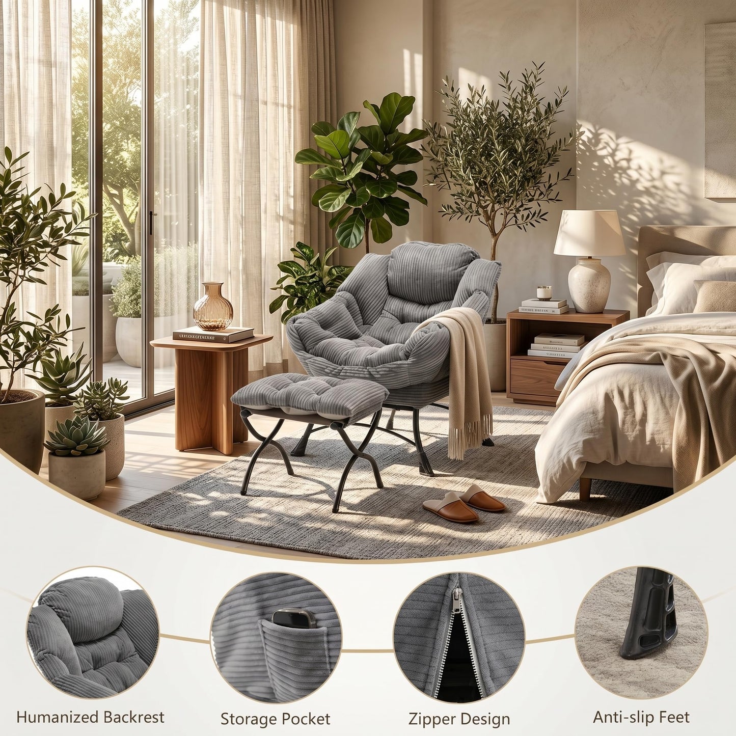 XUOXFUTZIG Lazy Chair with Ottoman, Oversized Comfy Accent Chair, 400LBS Heavy Duty Metal Frame, Thick Cushion Corduroy Lounge Chair for Living Room Bedroom Reading, Dark Gray