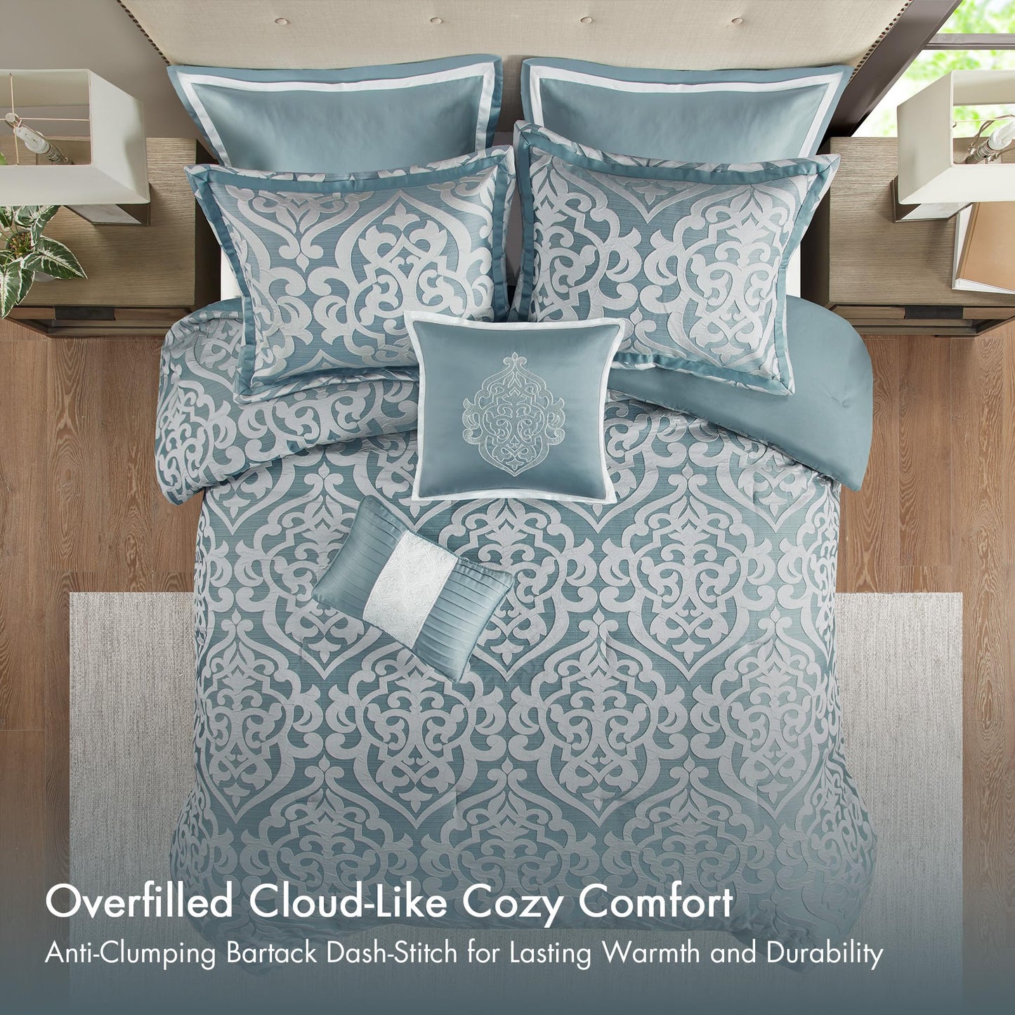 Madison Park Odette Cozy King Size Comforter Set Jacquard Damask Medallion Design - Modern All Season, Down Alternative Bedding, Shams, Decorative Pillows, King(104 in x 92 in), Aqua