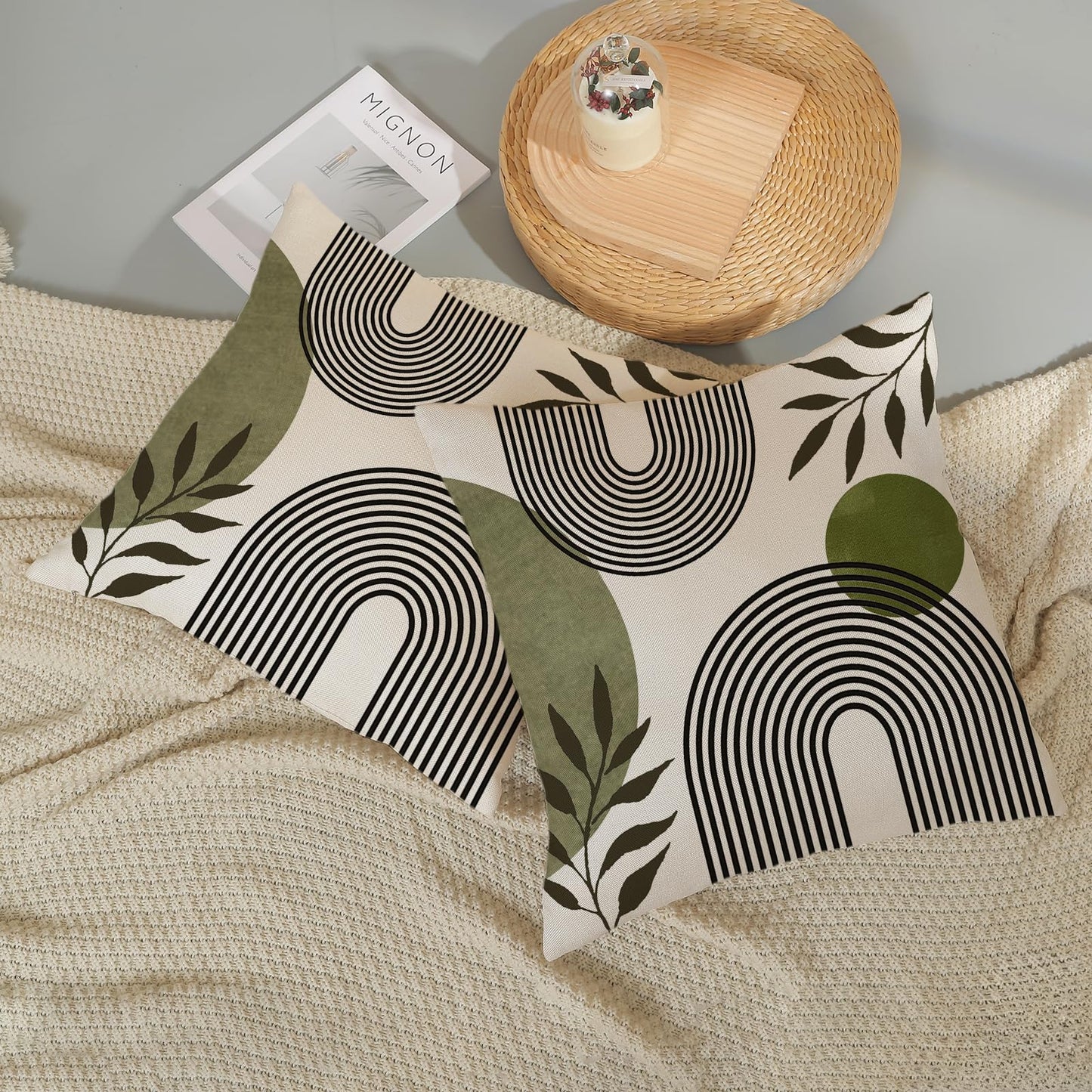 Boho Summer Pillow Covers 18x18 Inch 2 Pcs Sage Green Tropical Leaf Outdoor Decorative Throw Pillows, Mid Century Abstract Art Farmhouse Decor Pillowcase Linen Cushion Cover for Couch Sofa G-6