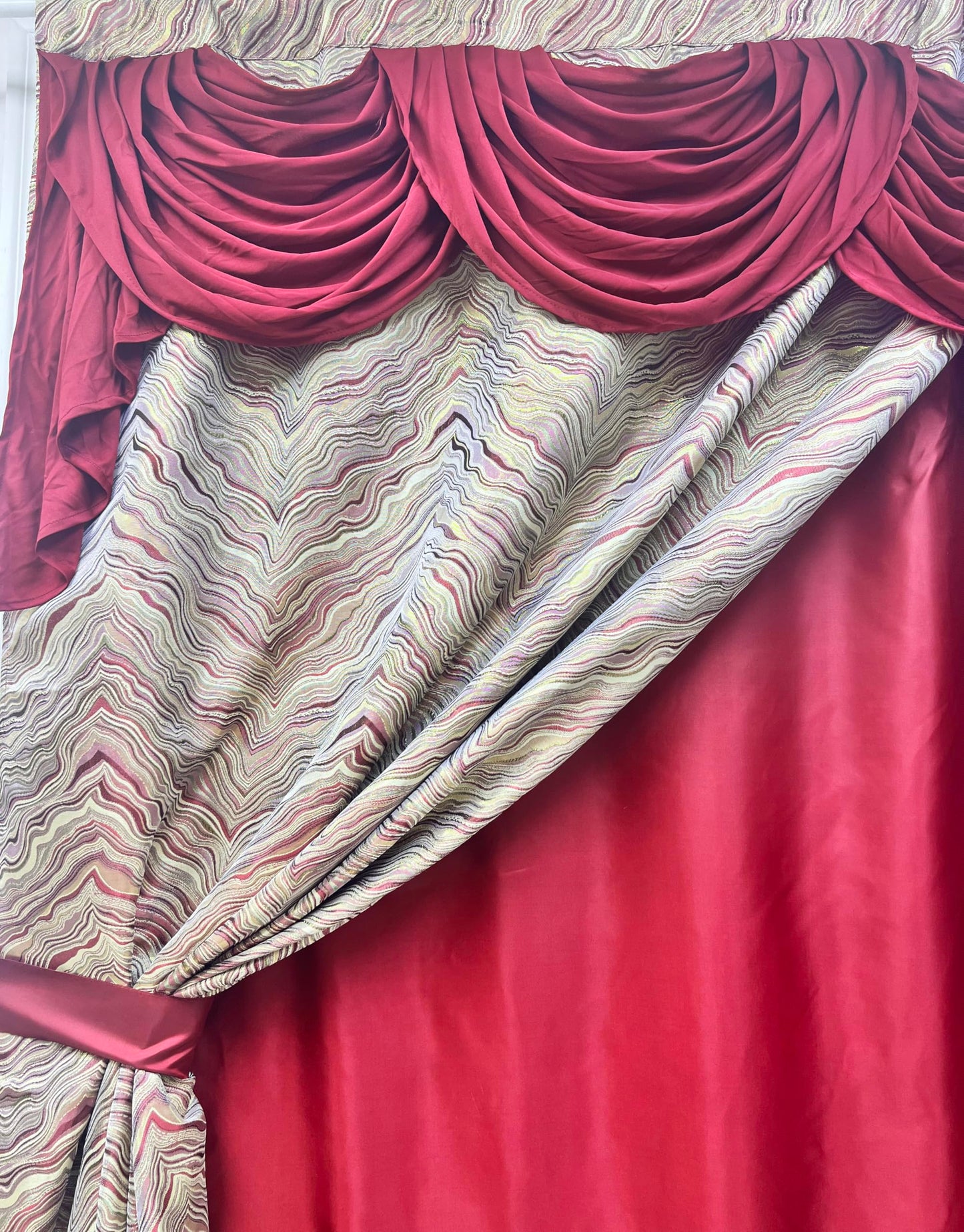 GOHD Marble Marvel Jacquard Window Curtains,with Attached Fancy Valance and Taffeta Backing,54" x 90" with 18" Valance,Elegant Textured Window Drapes for Living Room & Bedroom 100% Polyester(Burgundy)