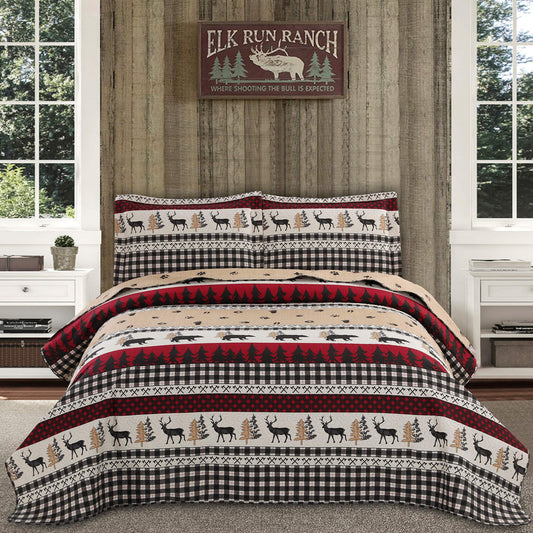 Rustic Quilt Bedding Set Queen Size Bedspread Coverlet Country Quilts Lodge Cabin Bedding Black White Buffalo Plaid Quilts Forest Elk Moose Lightweight Reversible Quilt Bed Spread with 2 Pillow Shams