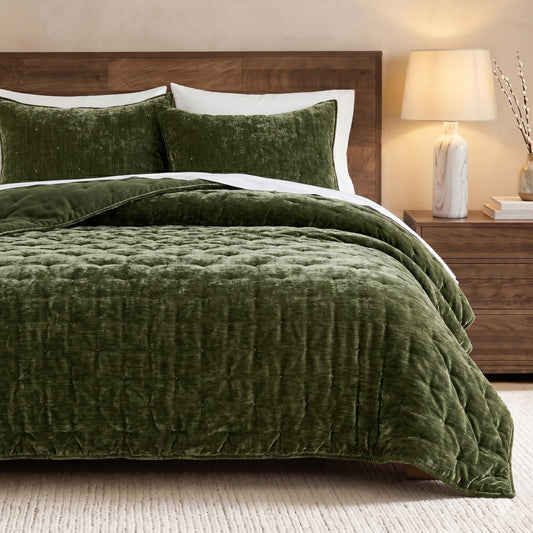 WDCOZY Chenille Velvet Queen Size Quilt Set - Olive Green Cloud Soft Lightweight Bedspread, Deep Forest Green Farmhouse Country Rustic Coverlet, Modern Bedding Warm Thin Comforter, 3 Pieces
