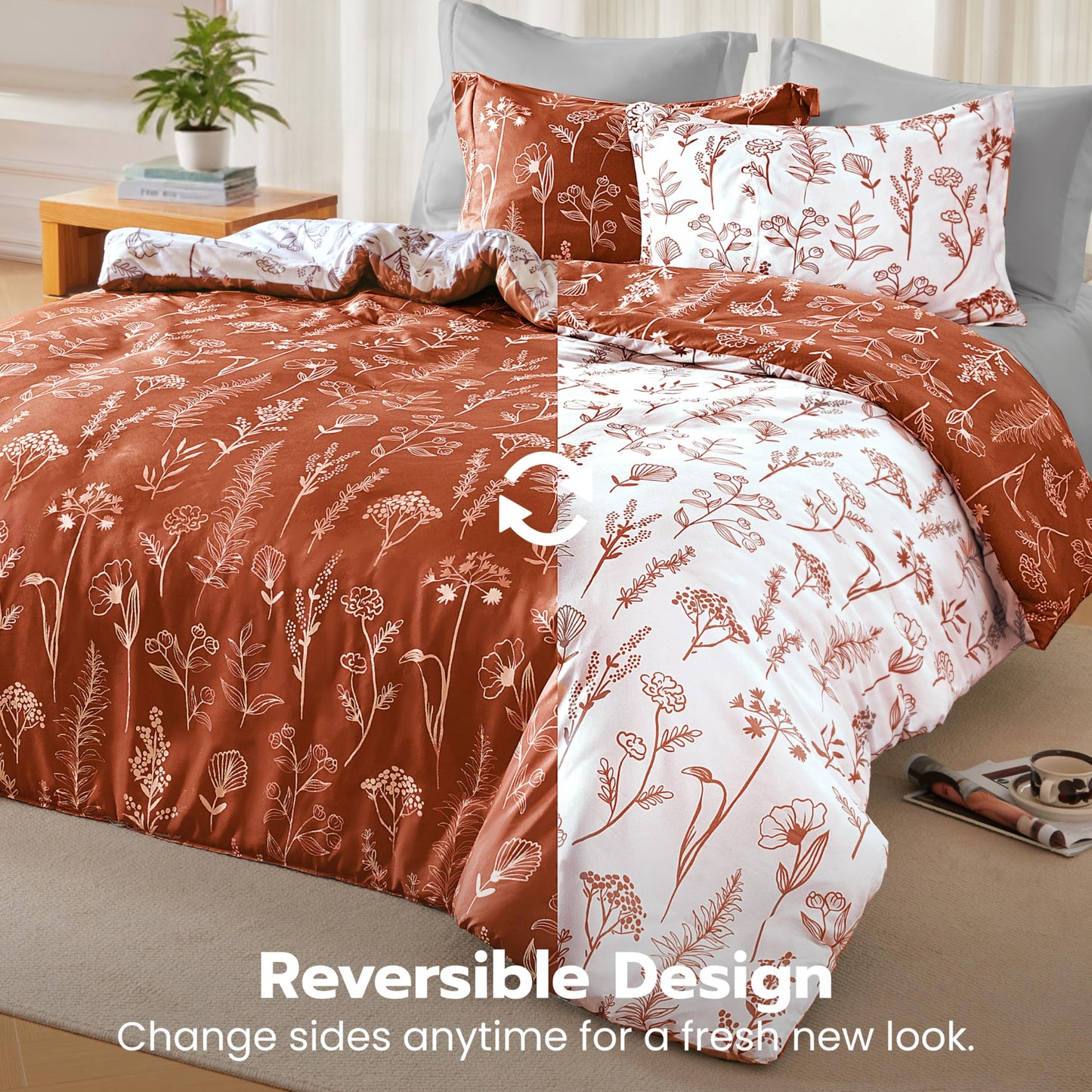 Joiedomi Floral Twin Comforter Set Terracotta Bedding Set - 2 Pieces Twin Bed in a Bag with 1 Soft Reversible Botanical Flowers Comforter and 1 Pillow Sham