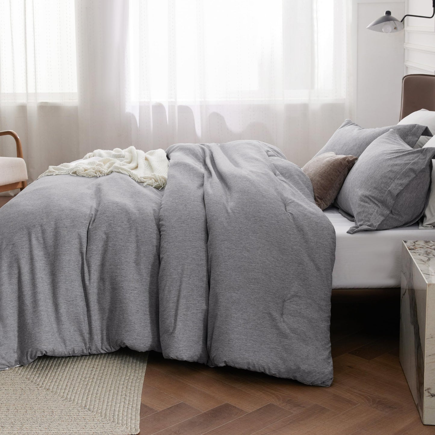 Bedsure Grey Queen Comforter Set - Soft Bedding for All Seasons, Cationic Dyed Bed Set, 3 Pieces, 1 Queen Size Comforter (90"x90") and 2 Pillow Shams (20"x26"+2")