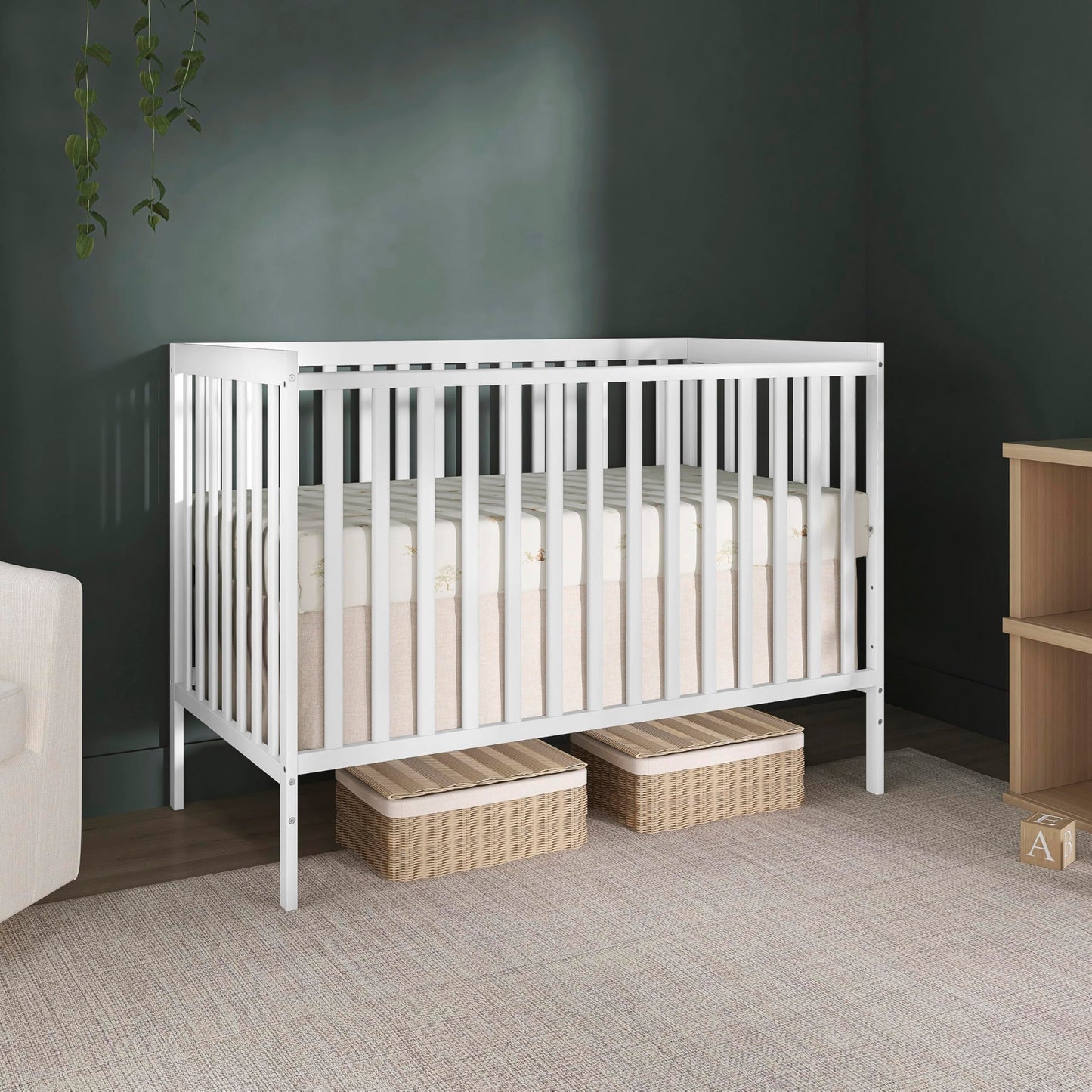 Dream On Me Synergy 5-in-1 Convertible Full-Size Baby Crib with Toddler, Day & Full Bed Conversion in White, GreenGuard Gold & BSA, 3 Mattress Heights, Sustainable Pinewood