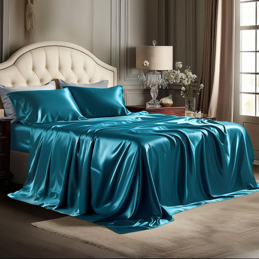 Bedsure Satin Sheets Full Size - 4 Piece Silky Bedsheets with 15 Inches Deep Pocket Fitted Bedsheet,1 Flat Sheet, 2 Satin Pillowcases, Good for Hair & Skin (Full, Teal)