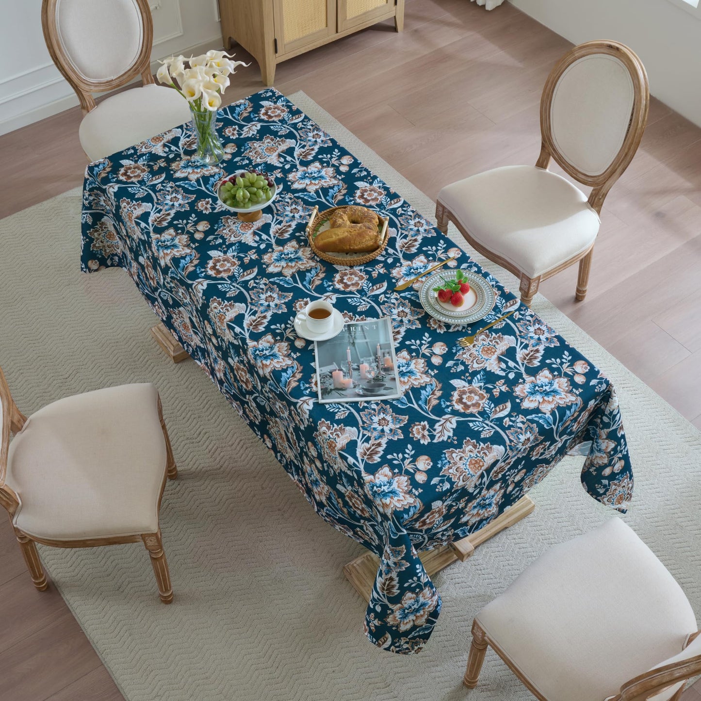 Rectangle Tablecloth 60" x 84" 100% Waterproof Fabric — Wipe-Clean, Tear-Proof Decorative Table Cover for Indoor & Outdoor Dining Elegant Patterns for Kitchens, Dining Rooms, Jacobean