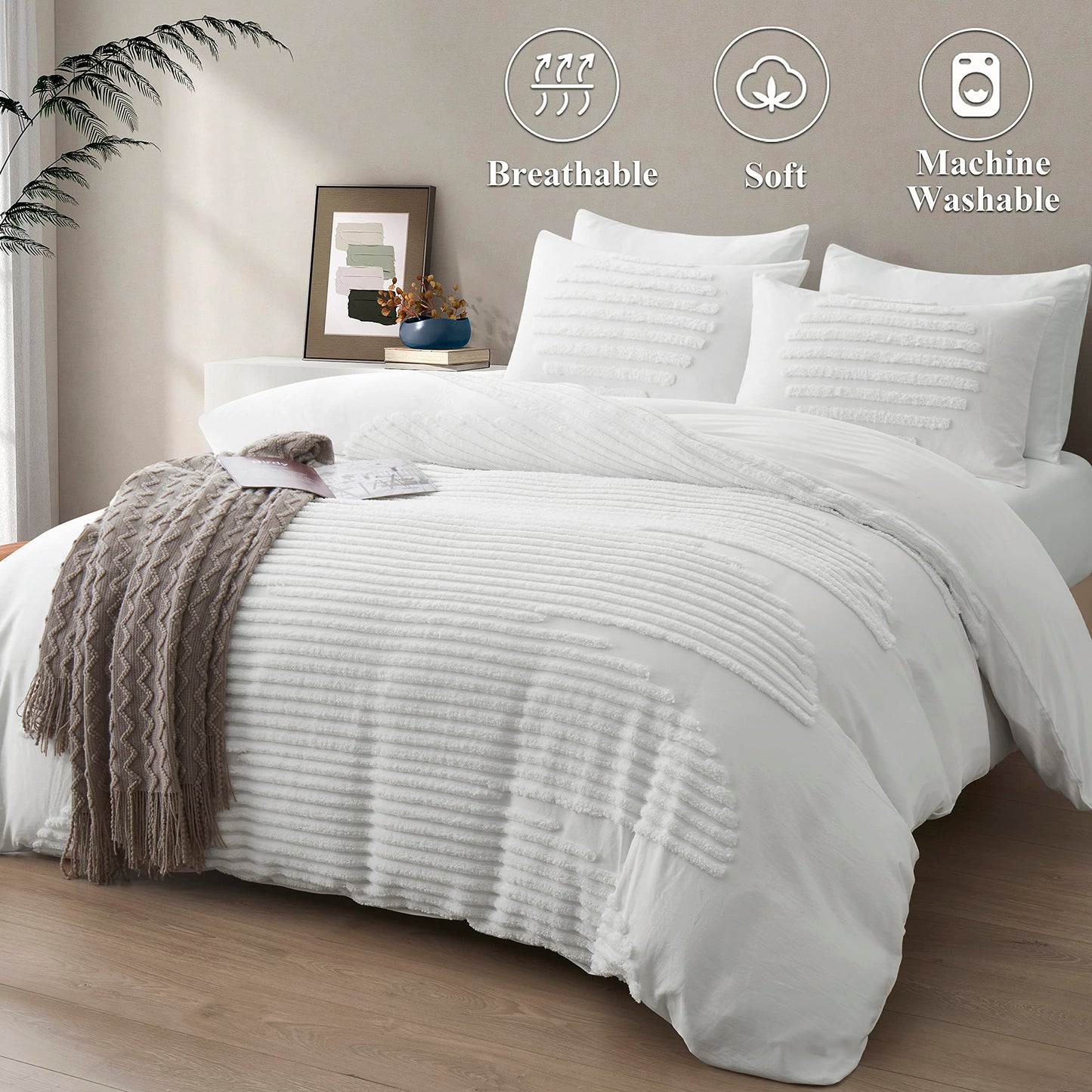 BEDAZZLED Queen Size Duvet Cover, 5 Pieces White Textured Duvet Cover Sets, Soft and Breathable Boho Tufted Bedding Comforter Cover Set for Gifts, Comforter Not Included (White, Queen)