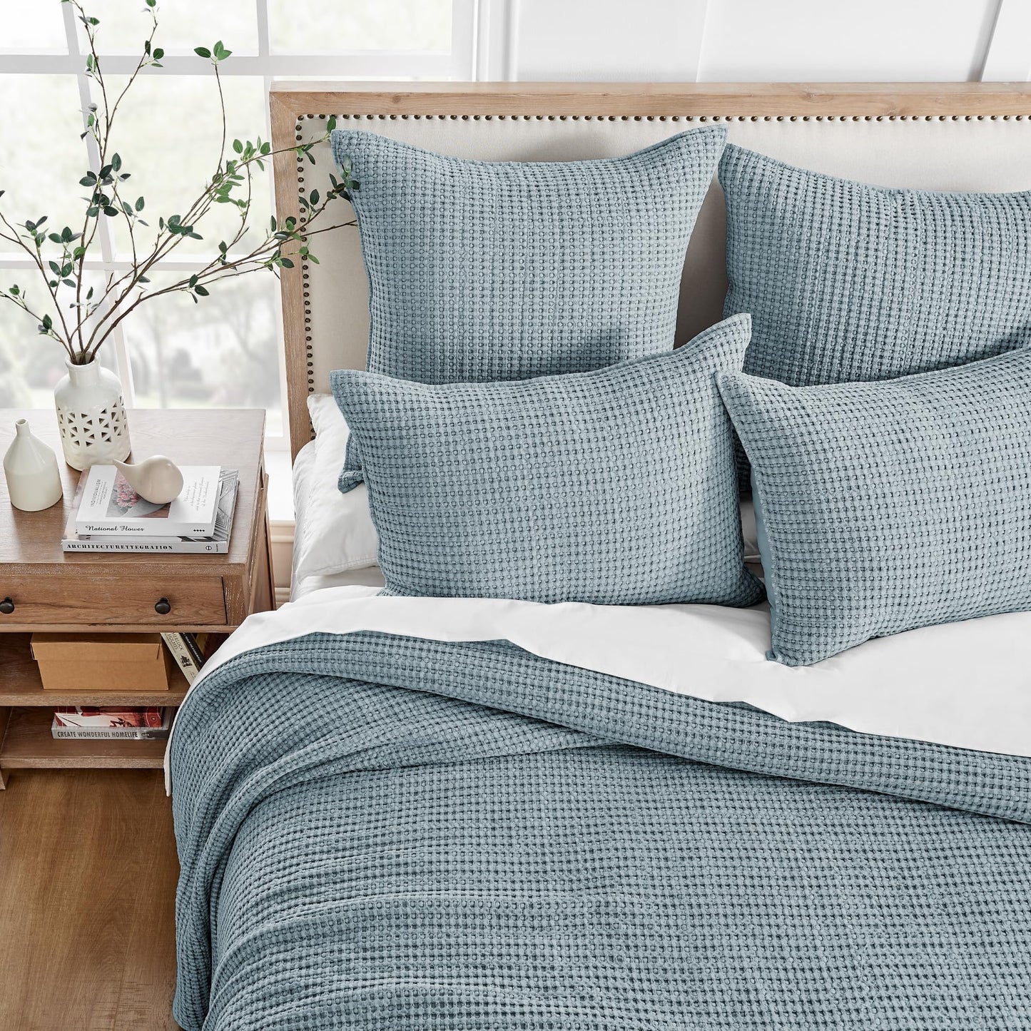 Levtex Home Mills Waffle King Bedspread Set (122x106in) with 2 Pillow Shams (36x20in) - Chambray - Cotton Waffle King Size Bedspread Set - Soft, Pre-Washed