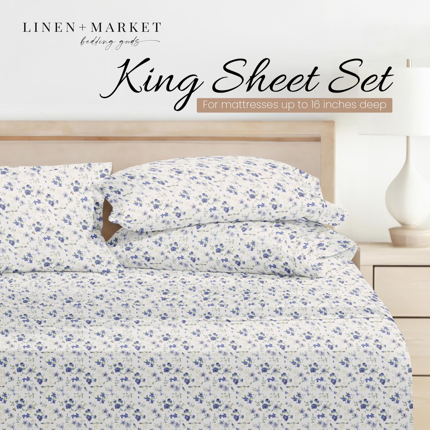 Linen Market 4 Piece King Sheet Set - Breathable, Double-Brushed Patterned Cooling Sheets – Oeko-TEX Certified Ultra Soft & Wrinkle-Free 16" Deep-Pocket King Sheets - Easy Care Blossoms Light Blue