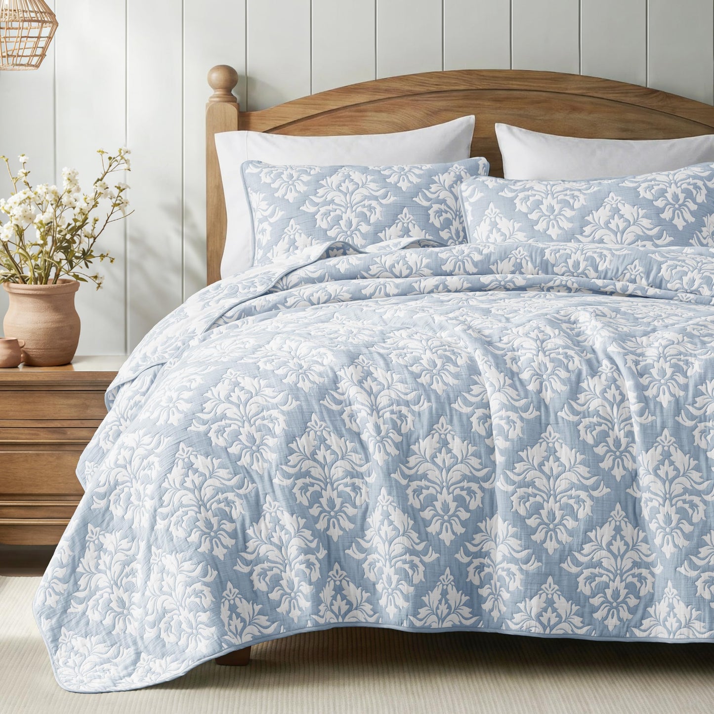 Exclusivo Mezcla Cotton Quilts King Size Blue, Soft Lightweight Bedspread Breathable Prewashed Bed Coverlet with 2 Pillow Shams, Boho Pattern Yarn Dyed Muslin Quilt Bedding Set for All Seasons