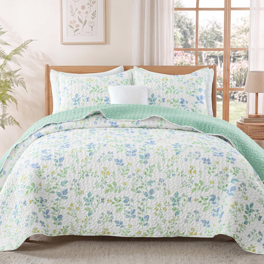 Exclusivo Mezcla Floral Quilts Queen Size, White Queen Quilt Bedding Set with Chic Vintage Garden Pattern, Reversible Lightweight Spring Bedspreads Coverlets Bed Cover for All Seasons (92"x96")