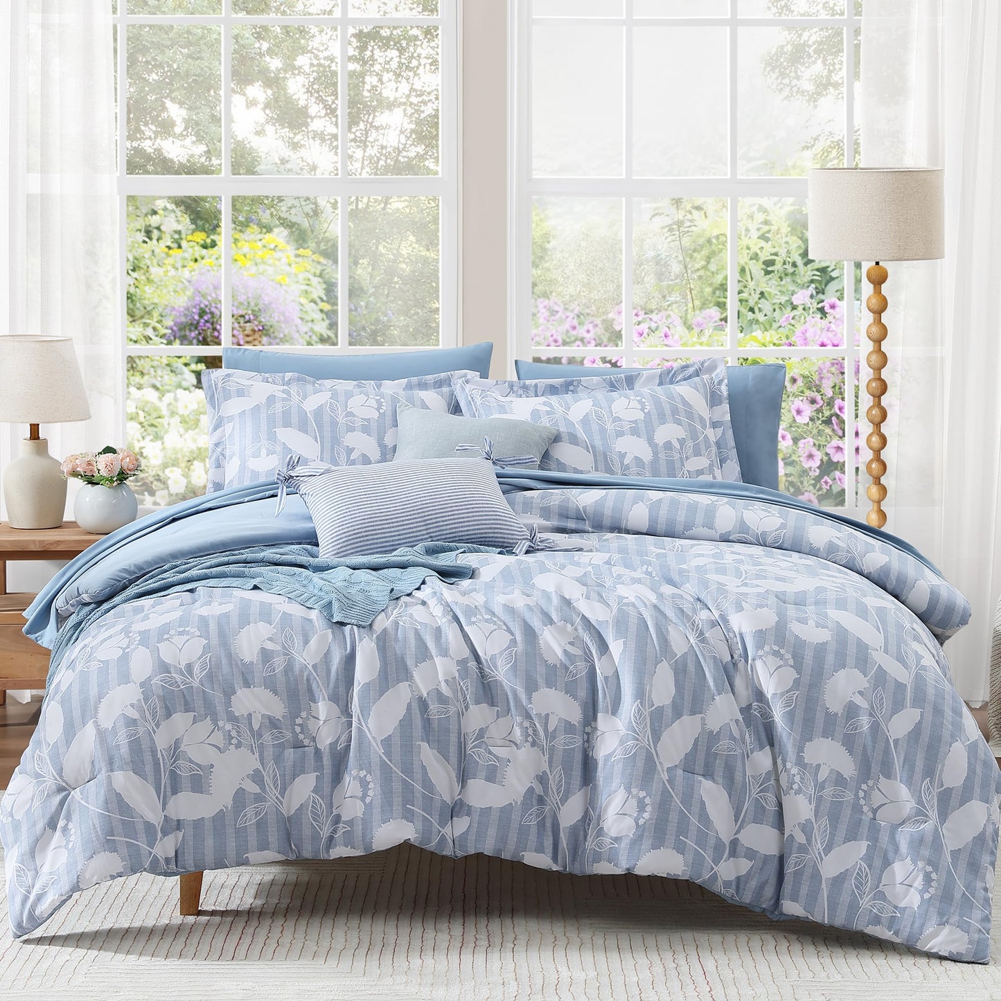 BLOOMHAVEN Queen Comforter Set -7 Pieces Blue Floral Comforter Set for All Seasons, Bed in a Bag Queen with Botanical Flowers Comforter, Sheets, Pillowcases & Shams