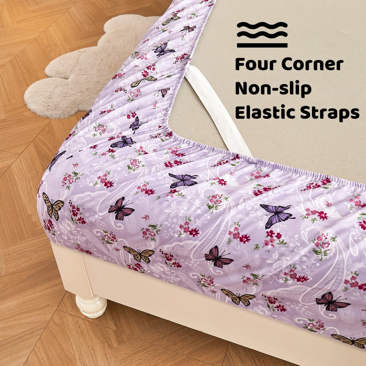 Softan Purple Floral Bed Sheets Full, Paisley Flower Printed Sheet Set, Cozy Microfiber Fitted Sheet with 15" Deep Pocket & Non-Slip Straps, Butterfly Patterned Sheets & Pillowcase Set