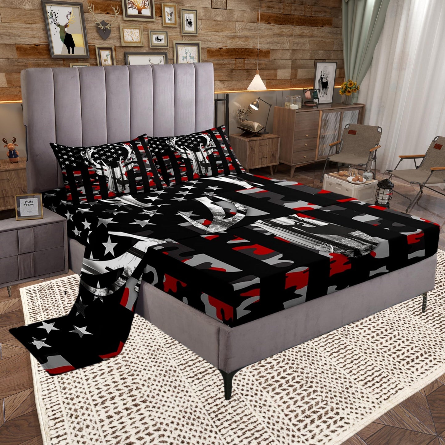 Camo American Flag Fitted Sheet Set Full Size 4 Pcs, Red Black Camo USA Flag Bedding Set(1 Fitted,1 Flat,2 Pillowcases), Deer Antlers and Trees Luxury Deep Pocket Bed Sheets for Girls Teen