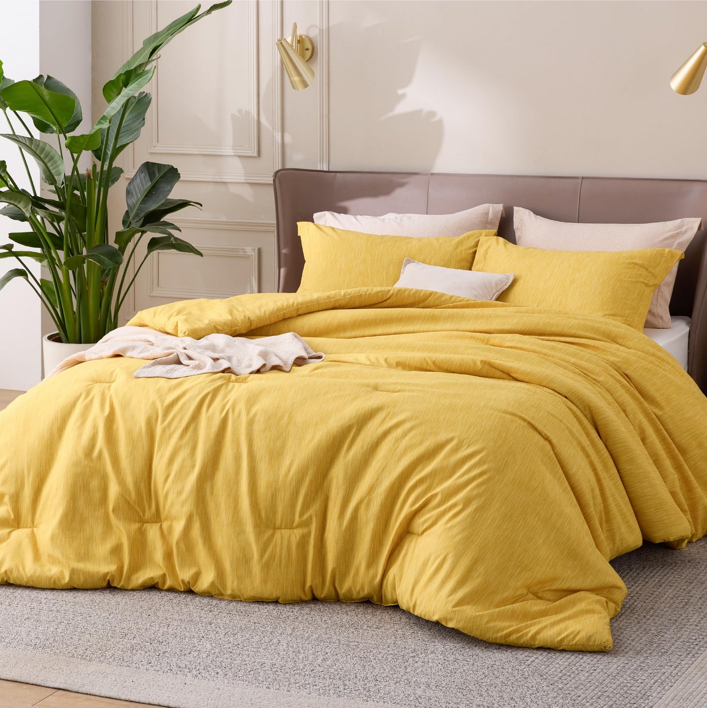 Bedsure Queen Comforter Set - Yellow Comforter Queen Size, Soft Bedding for All Seasons, Cationic Dyed Bedding Set, 3 Pieces, 1 Comforter (90"x90") and 2 Pillow Shams (20"x26"+2")
