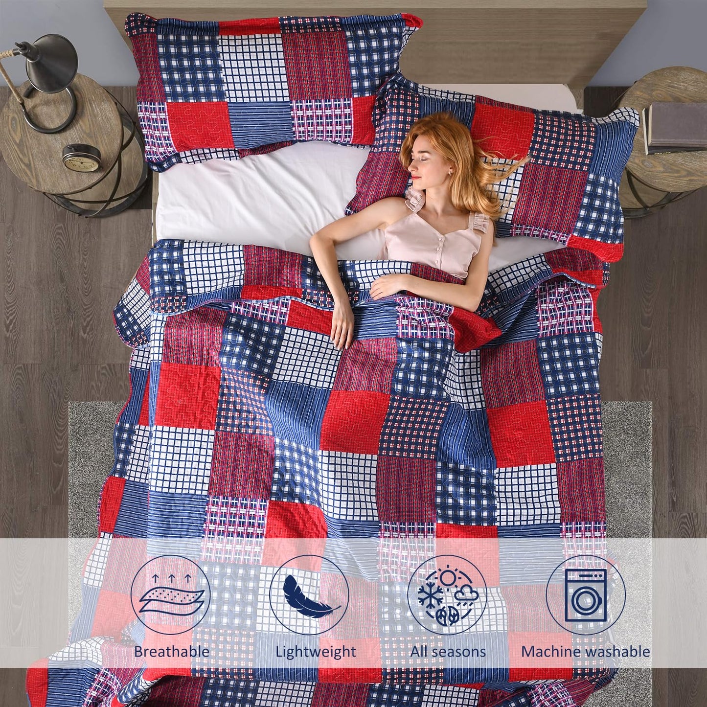 Jessy Home Plaid Quilt Set King Bedspread Coverlet Set Red Blue White Patchwork King Size Quilt Set Bedding Soft Lightweight Quilts Coverlet Country Reversible Quilt Bed Spread with 2 Pillow Shams